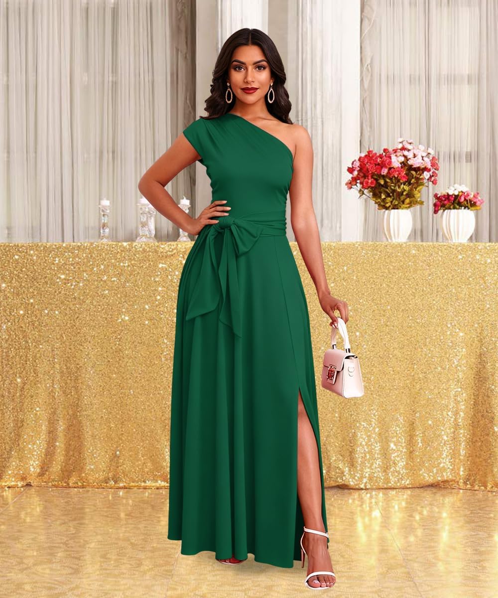 Formal Dresses for Women One Shoulder Belted Evening Gowns Cocktail Prom Party A Line Wedding Guest Dress with Pockets - Image 2