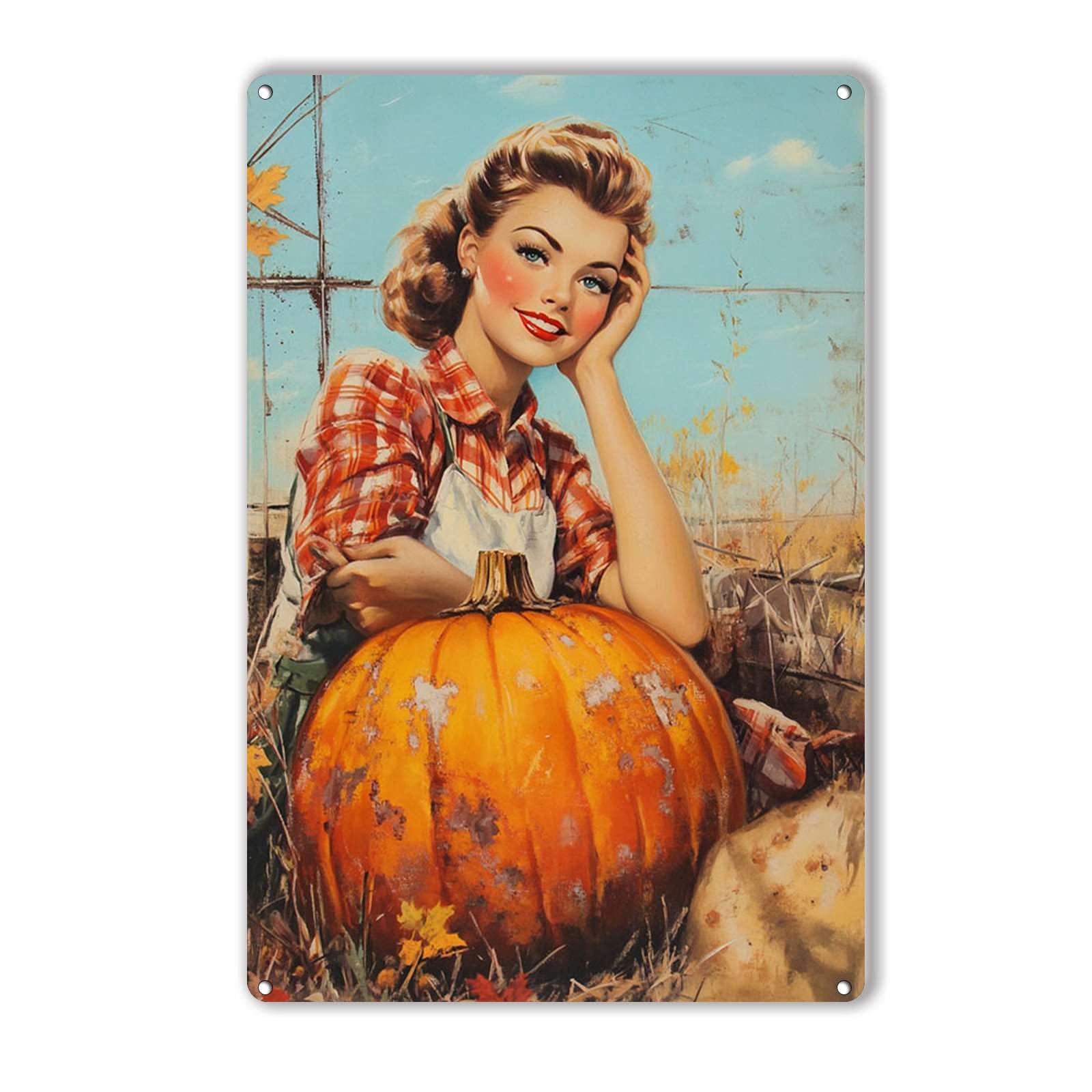 Anceky Woman And Pumpkins Tin Sign Vintage Metal Sign Wall Decor for Cafe Bar Kitchen Yard Gate 12×16 Inch