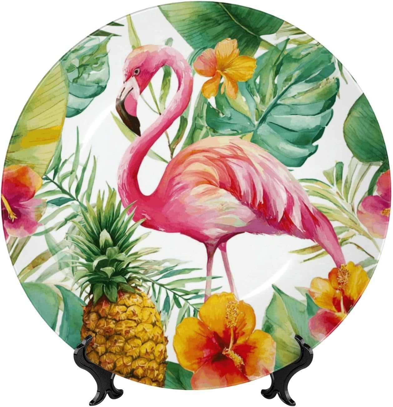 Decorative Plate 10in Bone China Dessert Plates with Display Stand Ceramic Ornament Ceramic Tropical Flamingo Decorative Plates Art Crafts Porcelain Plate for Home Club Living Room