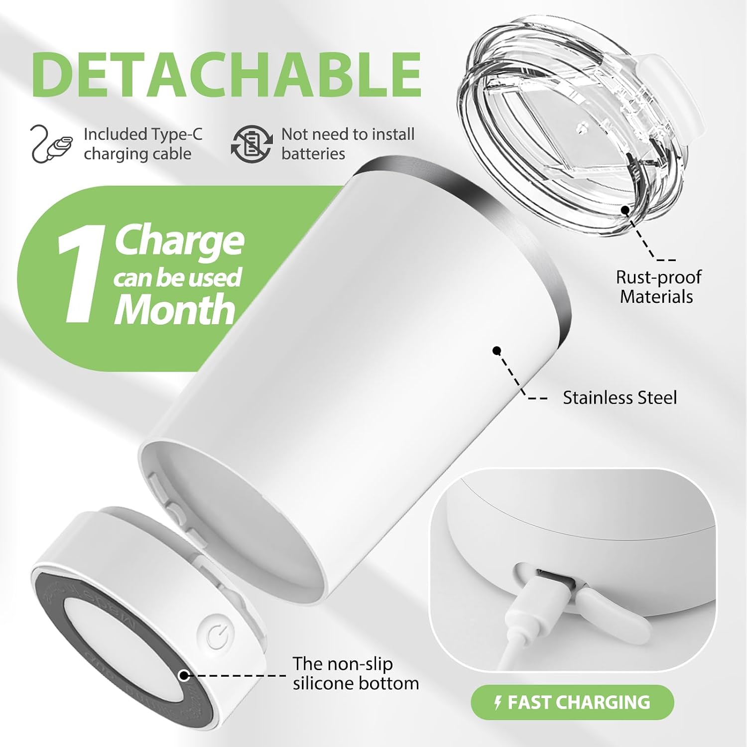 hatisan Self Stirring Coffee Mug With Lid Electric High Speed Self Stirring Mug 400ml Rechargeable Detachable Stainless Steel Self Stirring Cup for Coffee, Milk, Cocoa Christmas Gift(White) image 2