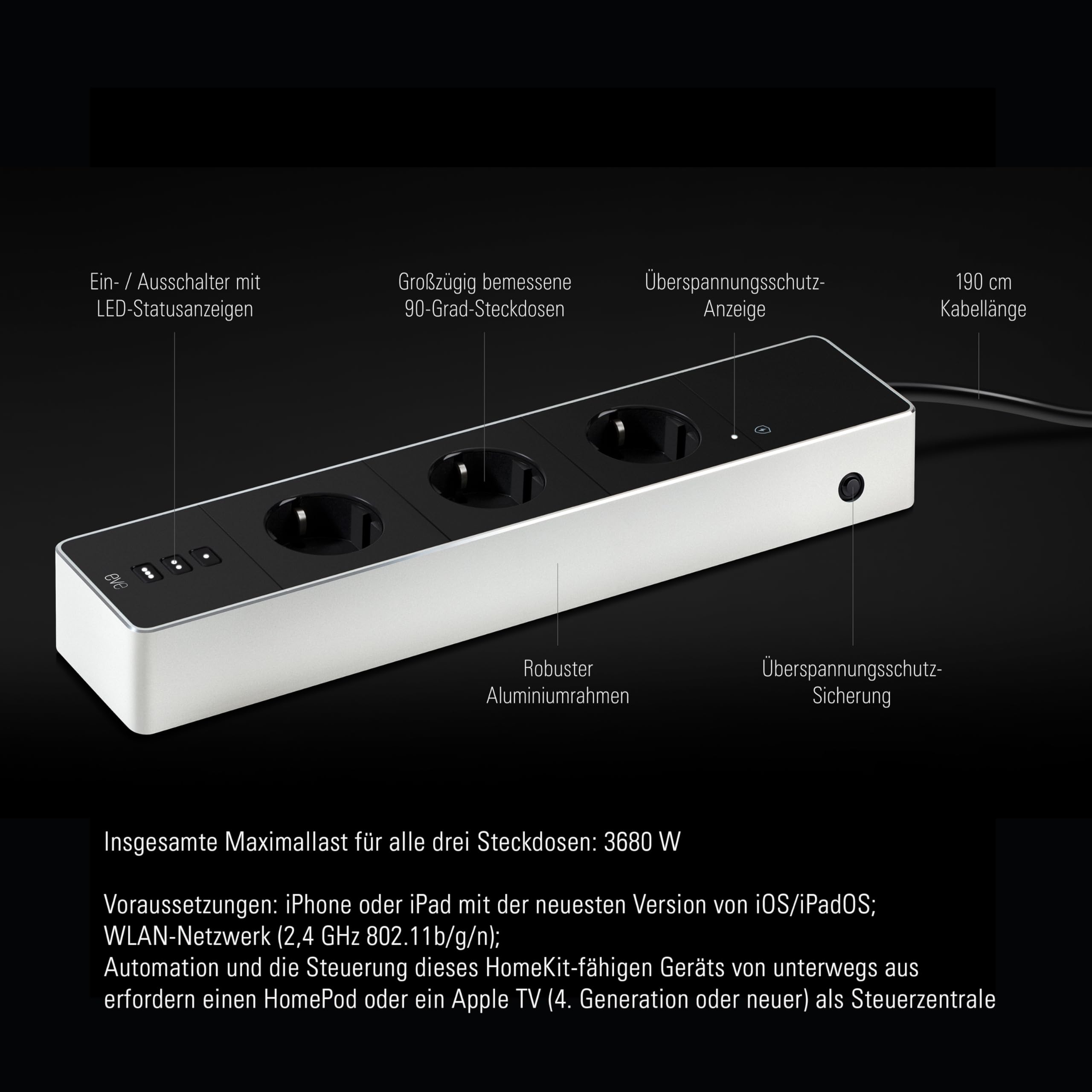 Eve Energy Strip – Smarte Dreifach-Steckdosenleiste, misst Stromverbrauch, Energiesparen, integrierte Zeitpläne, Fernzugriff, Keine Bridge nötig, Überspannungsschutz, Apple HomeKit