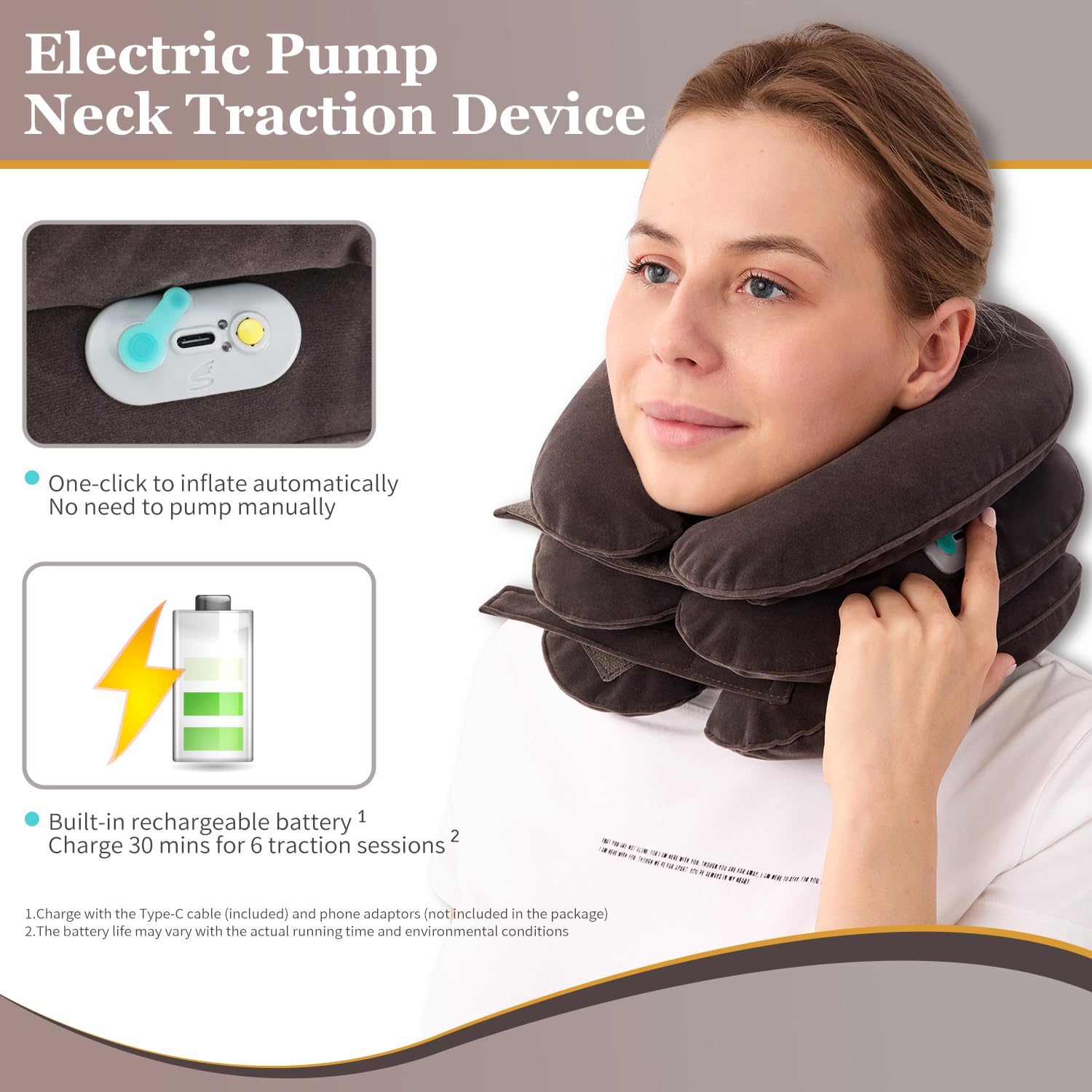 S Electric Pump Cervical Neck Traction Device for Neck Pain Relief, One-Click-to-Inflate Neck Stretcher Support Brace for Home Use Neck Decompression (Built-in Battery & Motor Powered) Gray