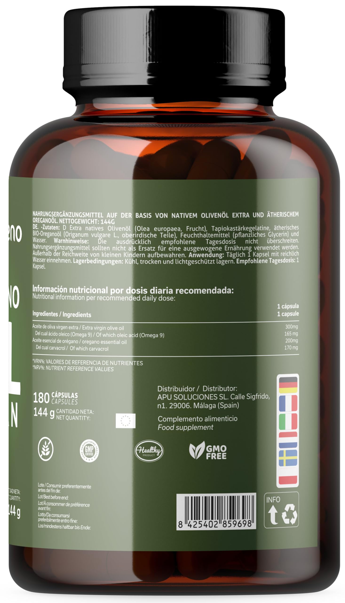 VEGAGENO - Olio Essenziale di Origano | 180 Capsule, 200mg per capsula, con OMEGA 9 Integratore Alimentare a Base di olio Extravergine di Oliva e Olio Essenziale Origano, e Carvacrolo. Adatto Vegani