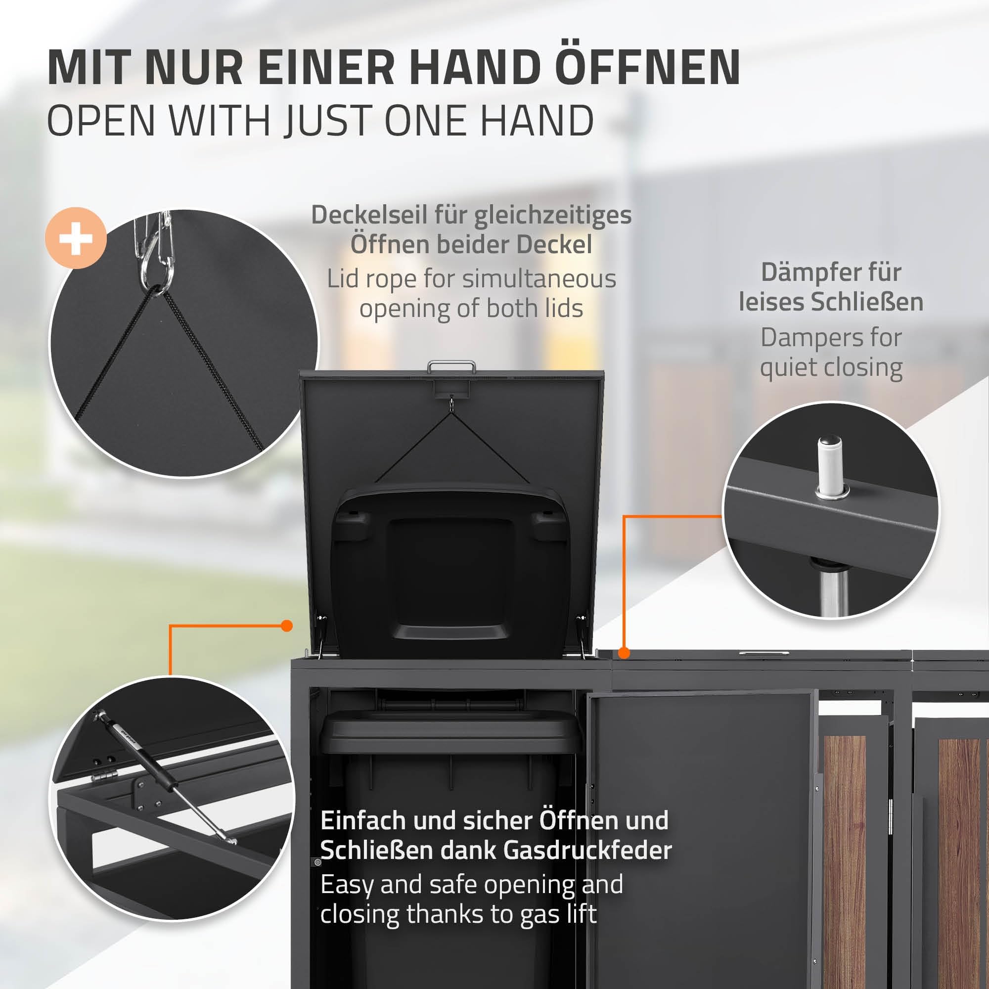 ML-Design Mülltonnenbox 3er 240L, Mülltonnenverkleidung für 3 Mülltonnen, Müllbox wetterfest, Mülltonnenhaus aus Stahl, Müllcontainer mit Klappdeckel & Tür, Gerätebox 196x80x120 cm Anthrazit-Holzoptik