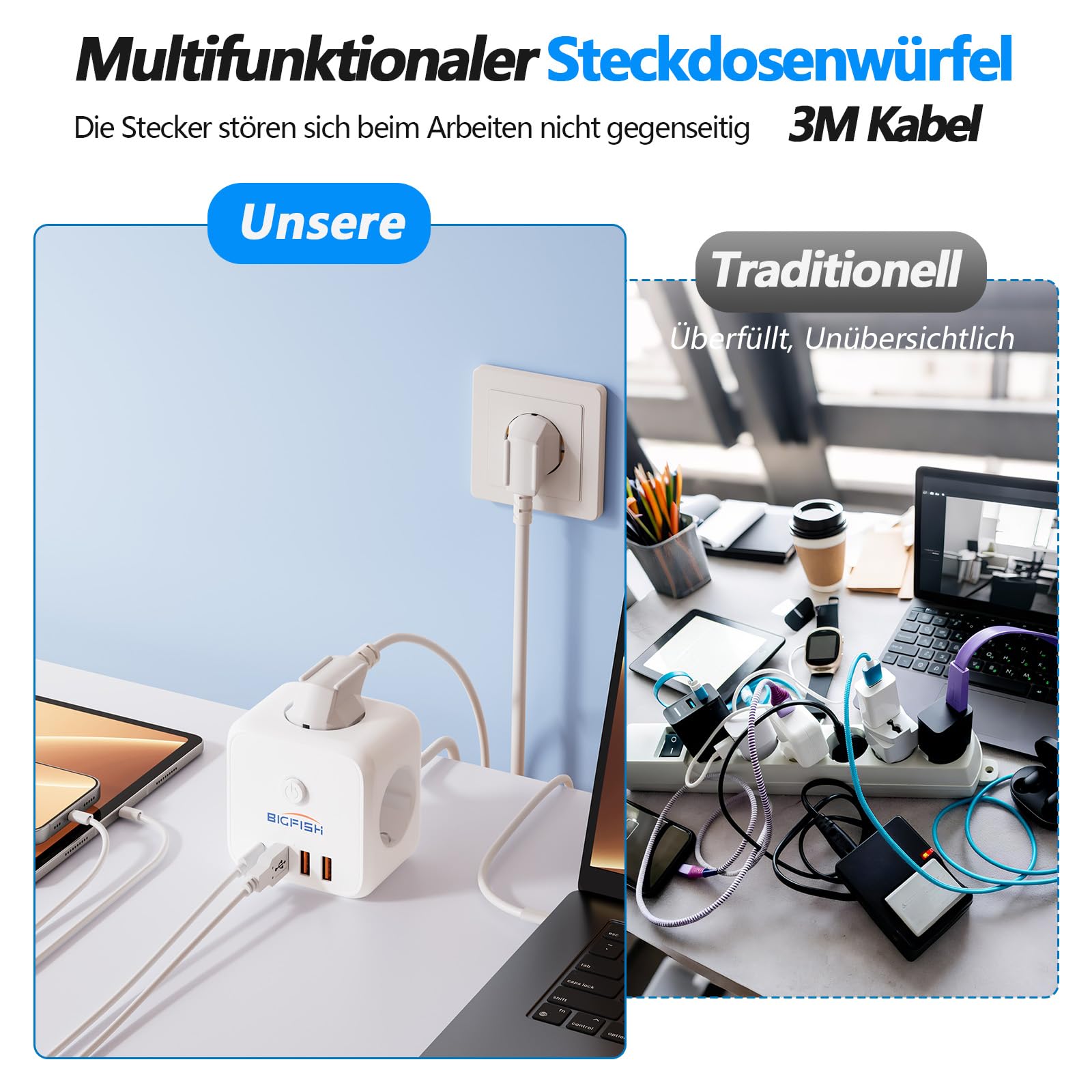 Bigfish Listwa zasilająca z 3 gniazdami USB C, z 4 gniazdami USB, kostka z kablem o długości 3 m, z przełącznikiem, do biura i domu