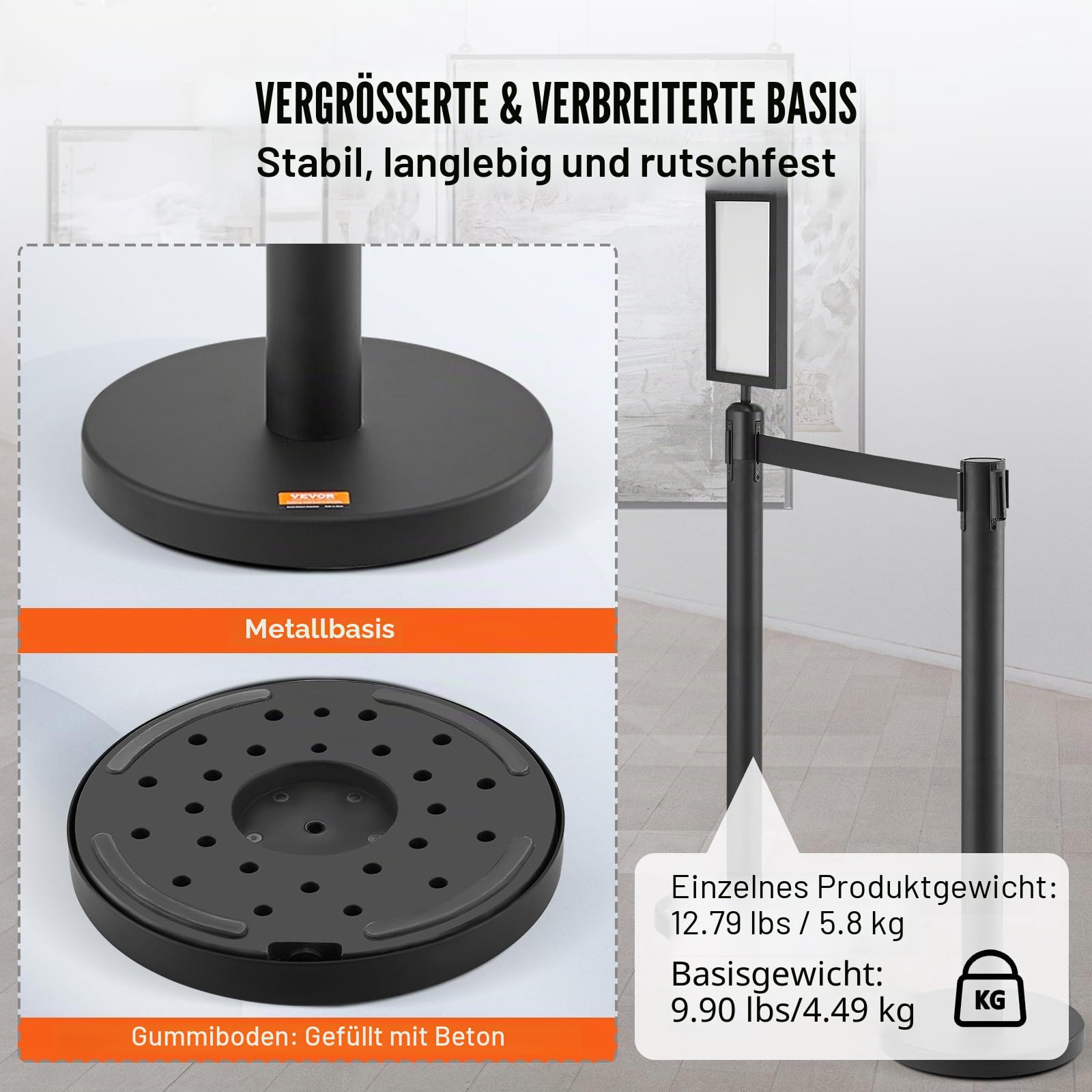 VEVOR Personenleitsystem Absperrband Absperrständer 6-teilig, 2 m x 48 mm Schwarzer Einziehbarer Gürtel, Personenleitsystem Absperrpfosten mit Schildern für Flughäfen, Messen, Wettkampforte usw.