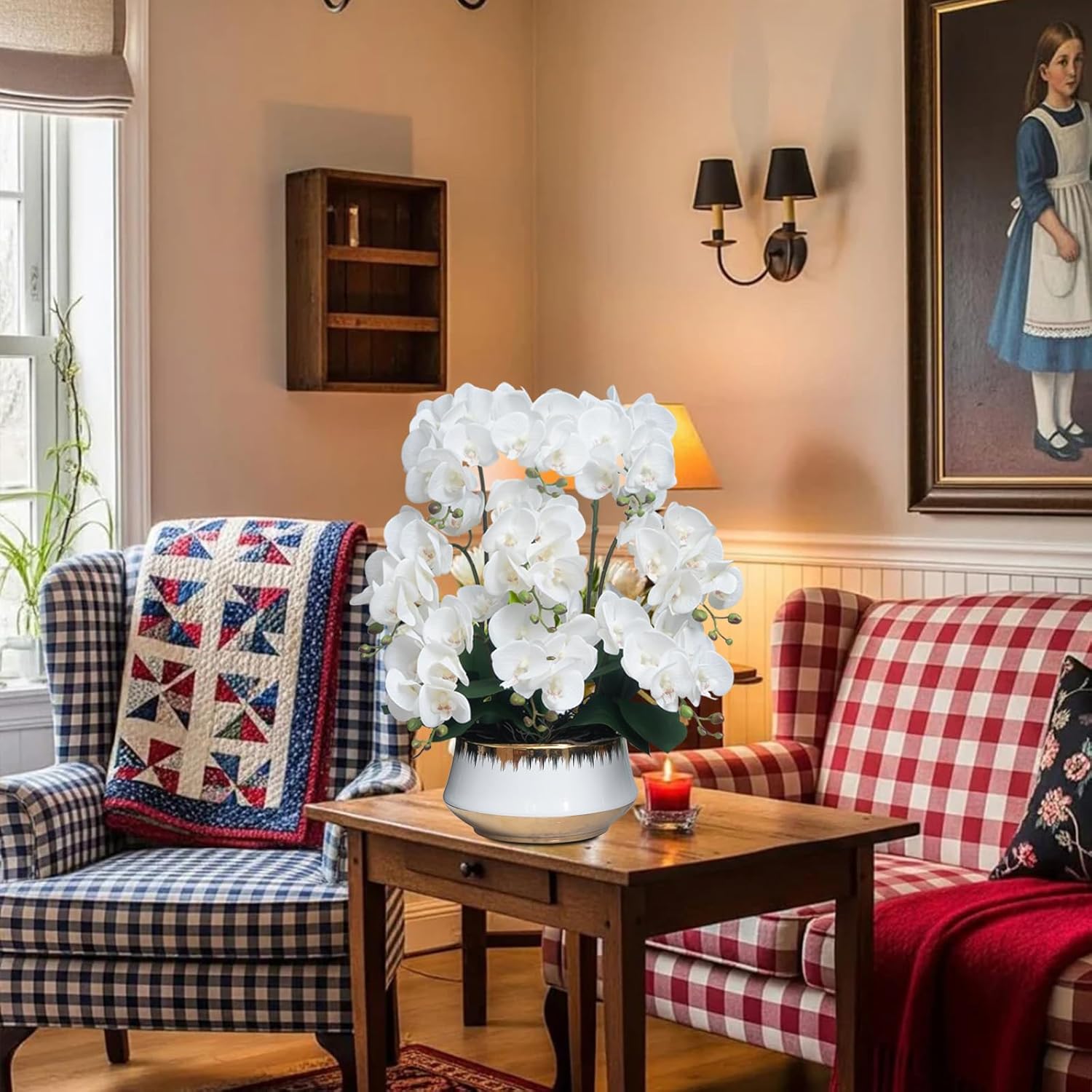 CXGS Orchids Artificial Flower Real Touch Faux Orchid in Large Ceramic Vase 23.6'' Realistic White Fake Phalaenopsis Floral Arrangements Centerpiece Table Home Indoor Decor