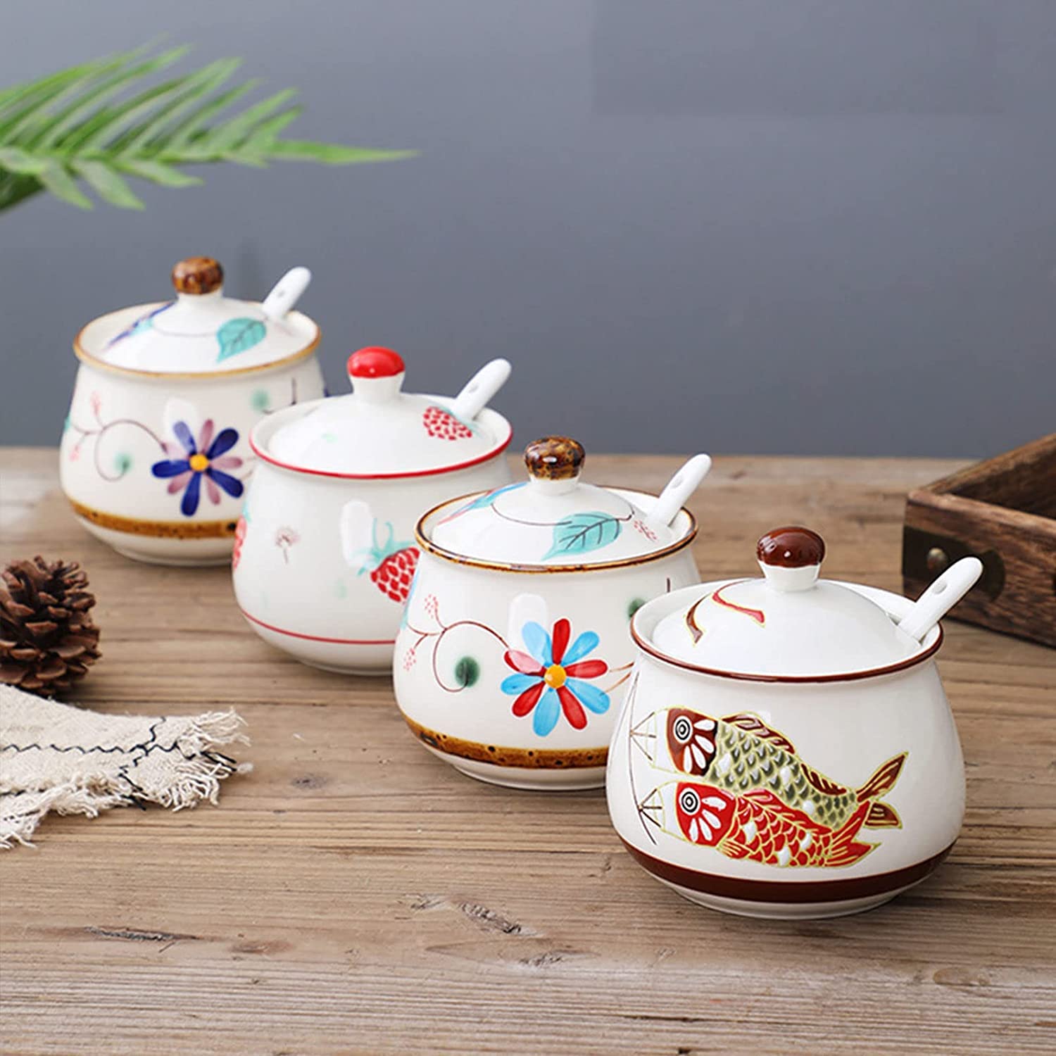 Azucarero de cerámica, jarra for crema, azucarero retro nórdico con tapa, tarro de almacenamiento con patrón dibujado a mano, azucarero de porcelana, tarro de especias, for cafetería, restaurante, azu