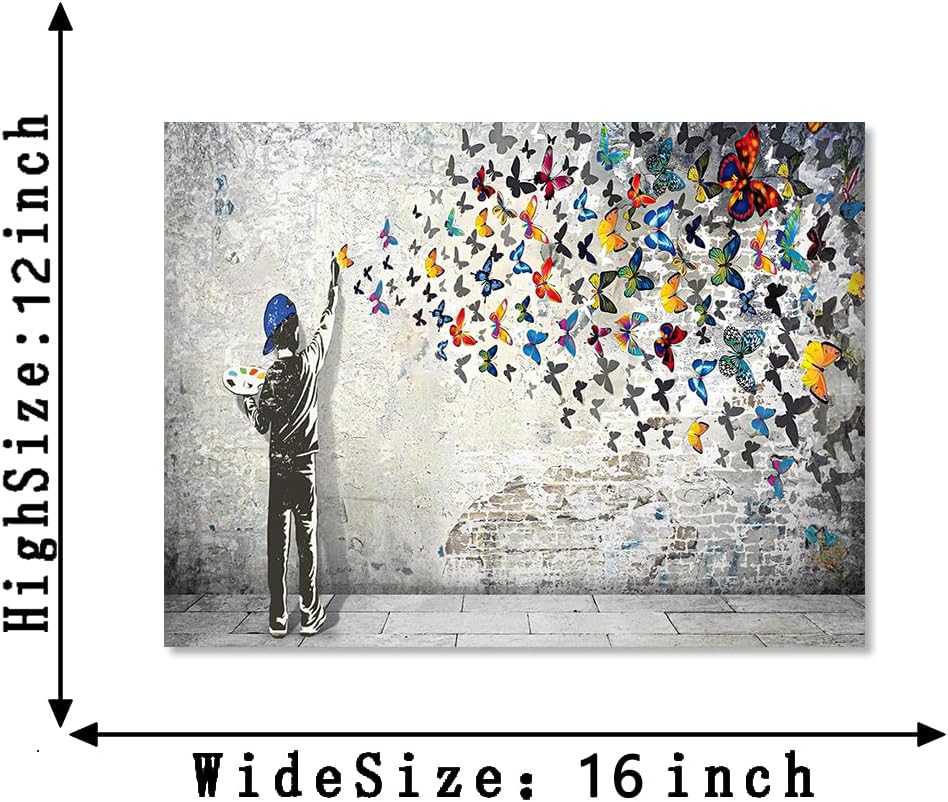 Graffiti Canvas Wall Art Young Boy and Butterfly Posters Prints Stretched and Framed Street Art Graffiti Artwork for Living Room Bedroom Decor Ready to Hang - 12x16inch