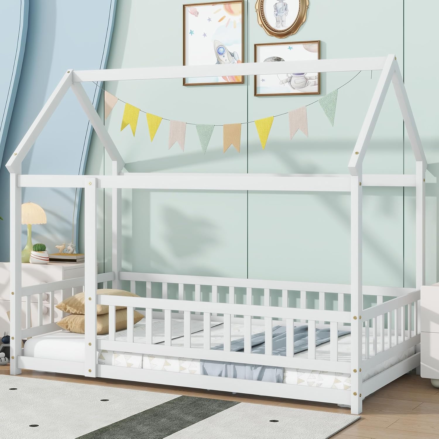 Twin Floor Bed with Wood House Roof Frame & High Rails, Montessori Bed for Toddlers, Easy Assembly (Natural, Twin)