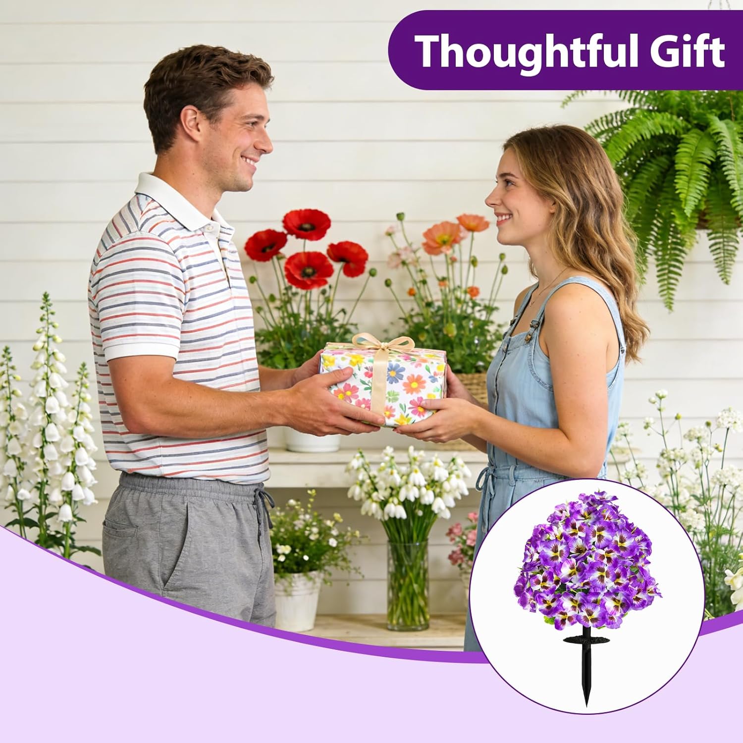 Artificial Boxwood Topiary Ball Trees with Ground Spike for Outdoors, 15" Realistic Faux Plants with Pansies, UV Resistant Artificial Fake Bushes Shrubs for Home Garden Yard Porch Decor (1PC Purple)