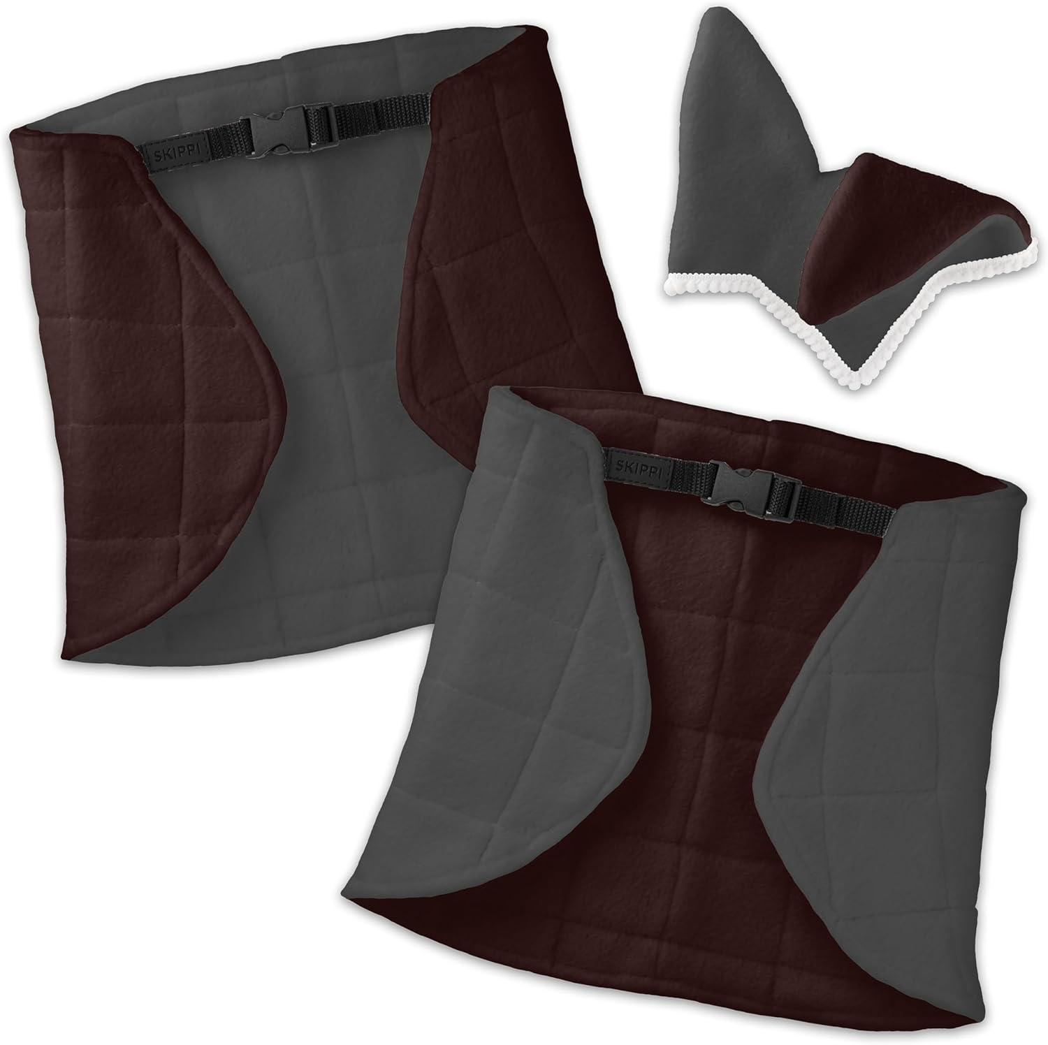 SKIPPI Reversible Blanket and Fly Cover - Grey and Brown, Two Tone Hobby Horse Blanket and Fly Ears, Fits Most Horses A3 and A4