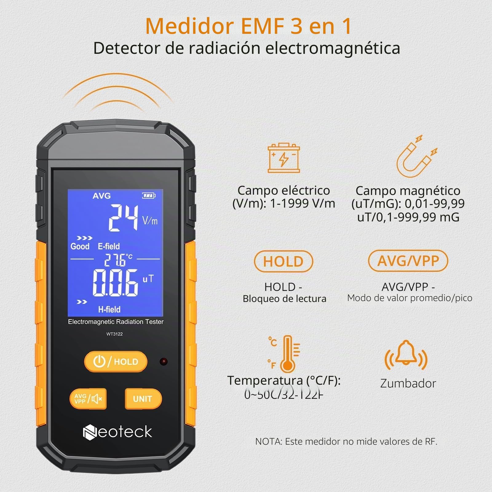 Neoteck Medidor Radiacion Electromagnetica Medidor EMF 3 en 1 con Pantalla LCD Retroiluminada y EFMF en Misma Pantalla Probador EMF Portátil Recargable para Hogar Fábrica Oficina