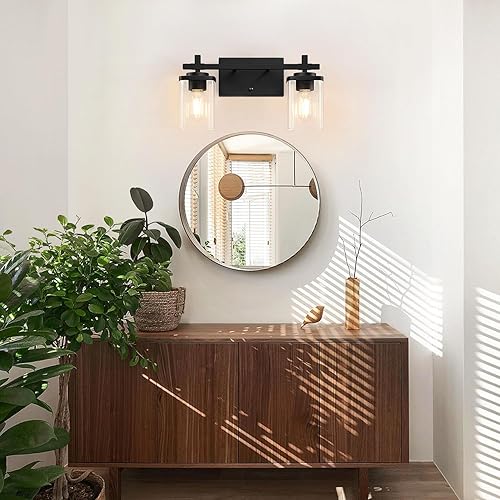 Miniatura 6 de 2 luces de tocador de baño, lámparas de baño negro mate sobre el espejo, apliques de pared de baño con pantalla de vidrio transparente, lámpara de