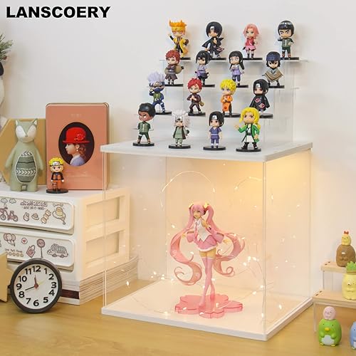 Miniatura 5 de LANSCOERY Vitrina acrílica con luz LED, organización transparente de 4 niveles, caja de exhibición blanca a prueba de polvo, escaparate exclusivo