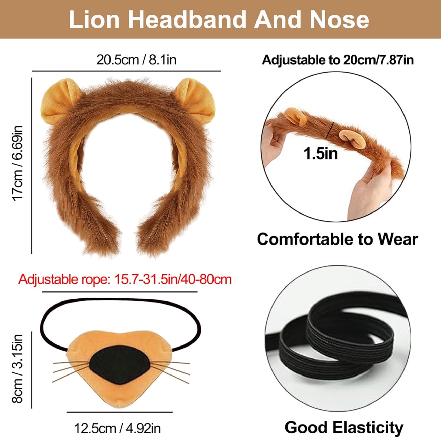 4PCS Lion Costume Accessories Set, Lion Ears Headband Tail Nose and Paw Gloves Accessories for Halloween Party Cosplay Dress Up - Image 3