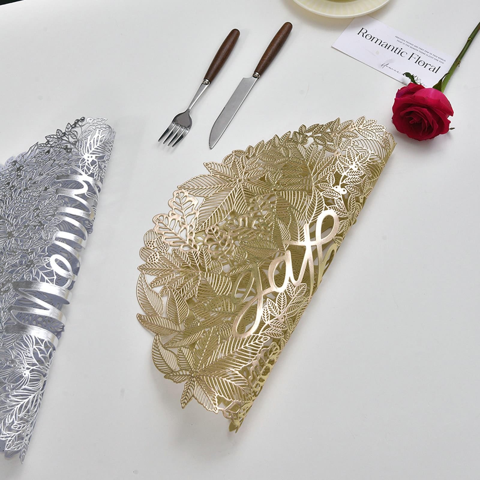KnSam 10er Tisch-Sets Zum Geburtstag 38cm, Blätter Muster Tischmatten PVC, Abwaschbar Junge Platzset Rund für Küche Restaurant und Hotel, Gold