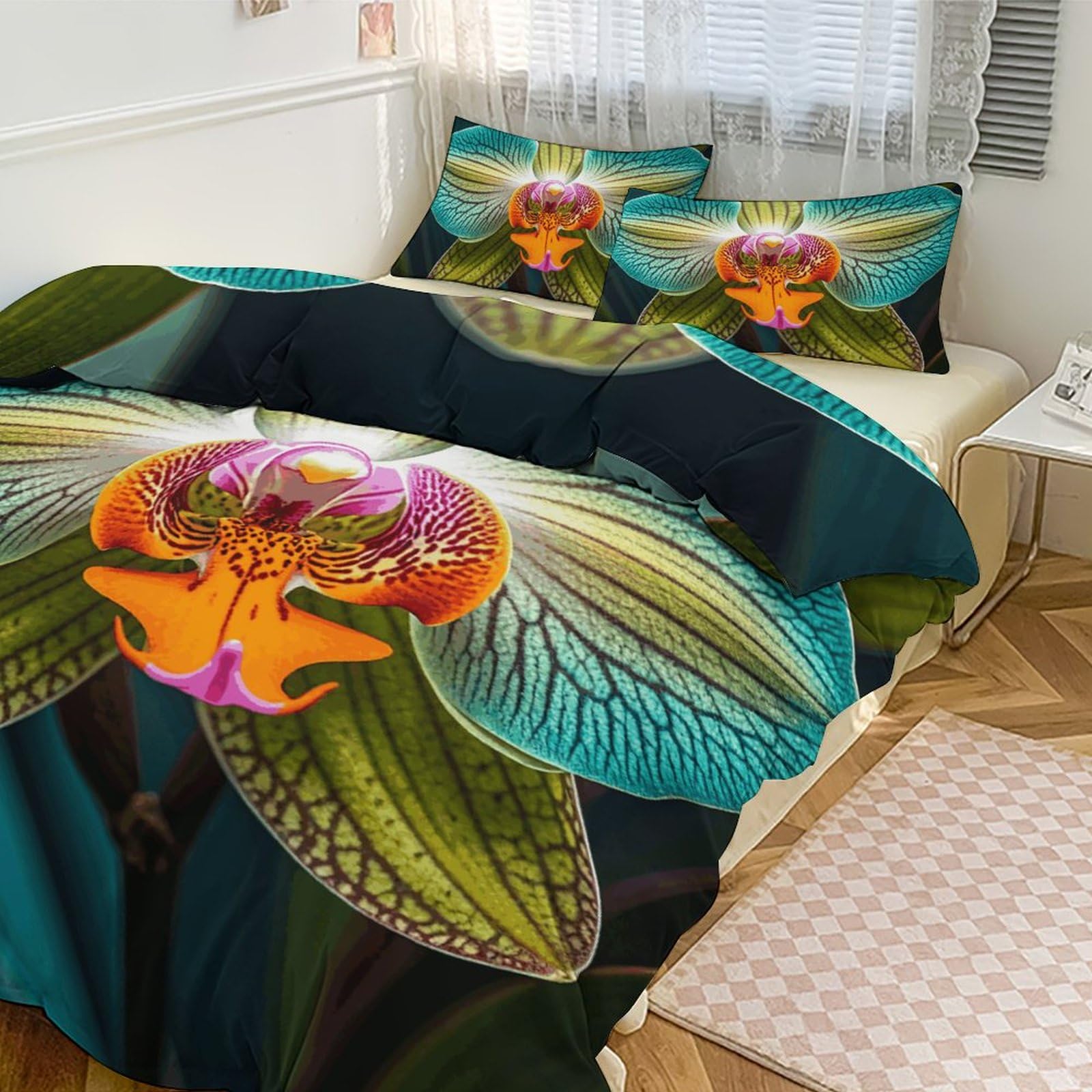 Couette pour grand lit motif orchidée pour créer une ambiance d'hôtel à la maison