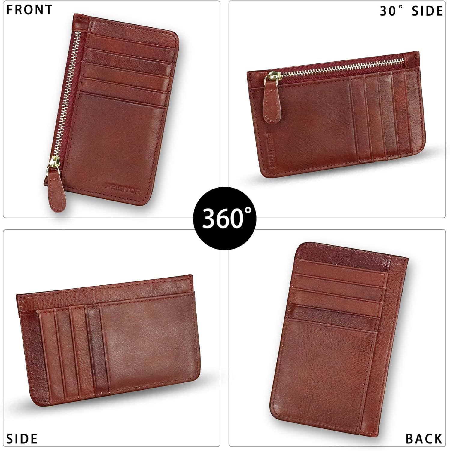 Genuine Leather Slim Wallet for Women and Men Credit Card Holder with RFlD Blocking Vintage Full Grain Leather Zip Purse Card Cases Money Clip (Red) - Image 3