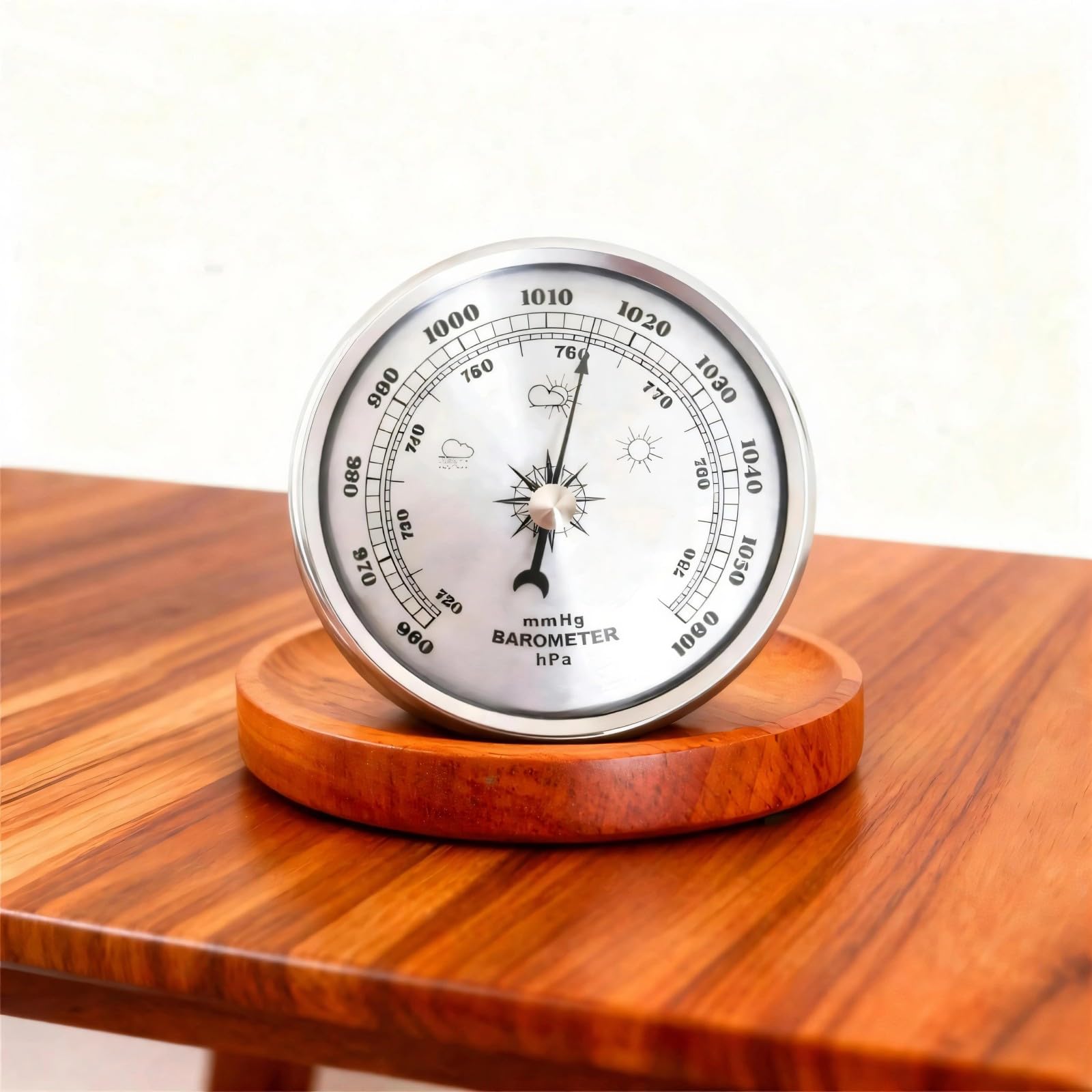 Kleines 90 mm silberfarbenes analoges Messgerät für Luftdruck/Temperatur/Messung mit Metallrand, Retro-Stil, analoge Barometer
