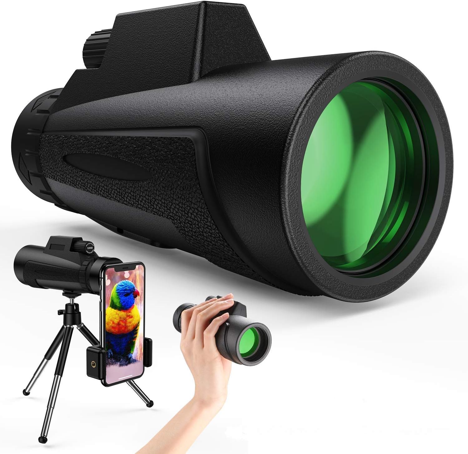 Monocular Telescope - 12X50 High Power HD Monoculars with Holder & Tripod Waterproof Pocket Scope for Smartphone - Clear BAK4 Prism for Bird Watching, Camping & Match