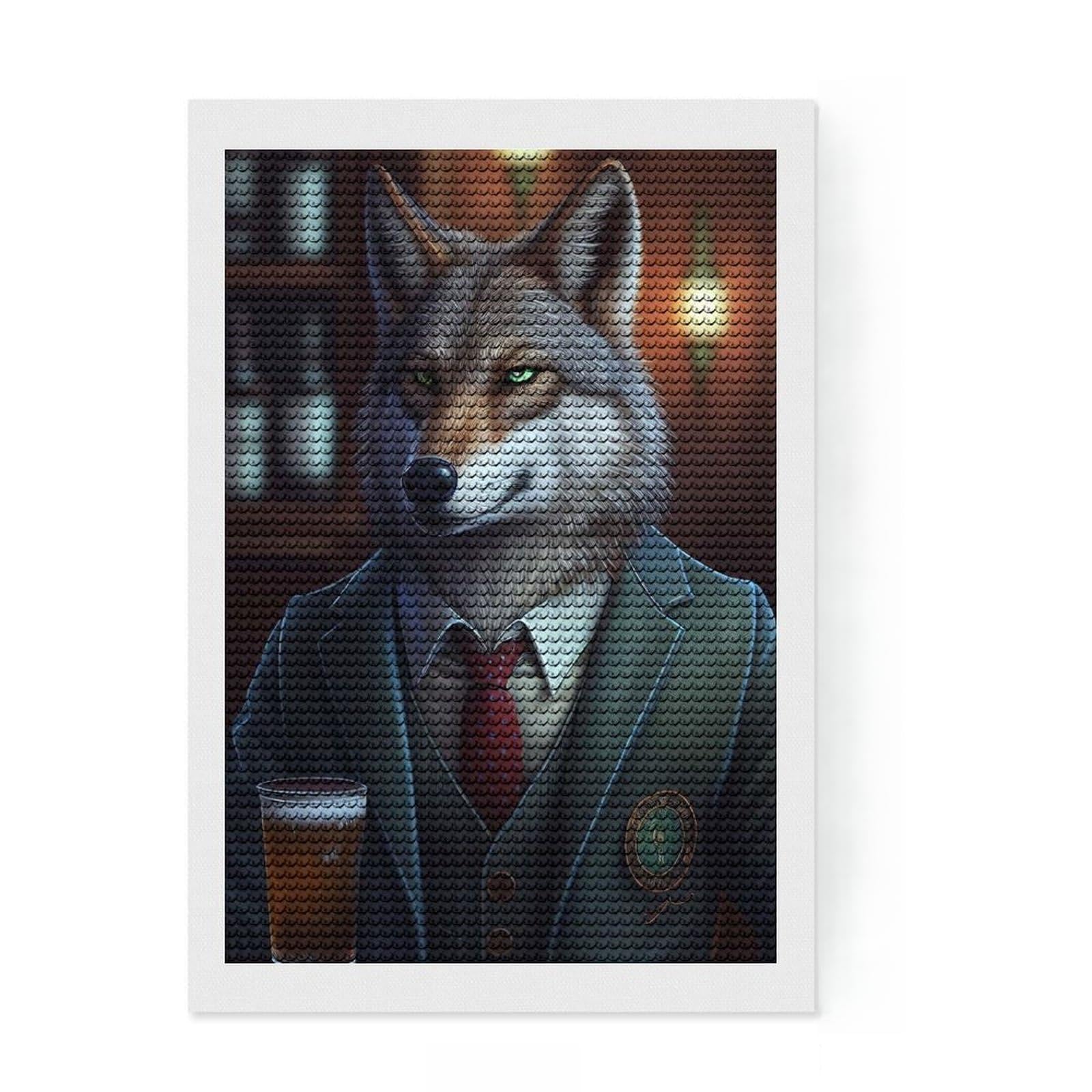 Junmoney Wolf Barkeeper Suit Animal Diamond Painting Canvas Set 8"x12", Enjoyable At-Home Hobby, Adhesive Canvas, Cosy Home Accent, Christmas Gift