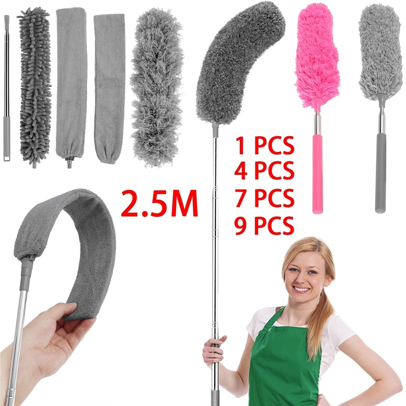 Panni Per La Pulizia Estensibili Kit di pulizia estensibile for piume con spolverino a manico lungo con palo da 30" a 100" lavabile pieghevole(4 pc-2.5m)