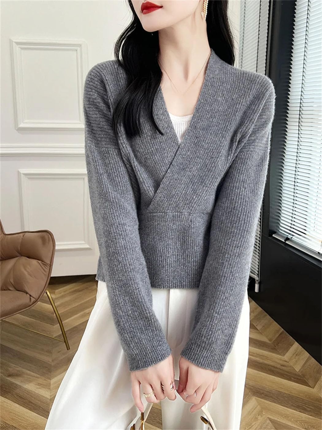 Women's 100% Merino Wool Sweater Long Sleeve V-Neck Pullovers Office Elegant Comfortable Knit Tops