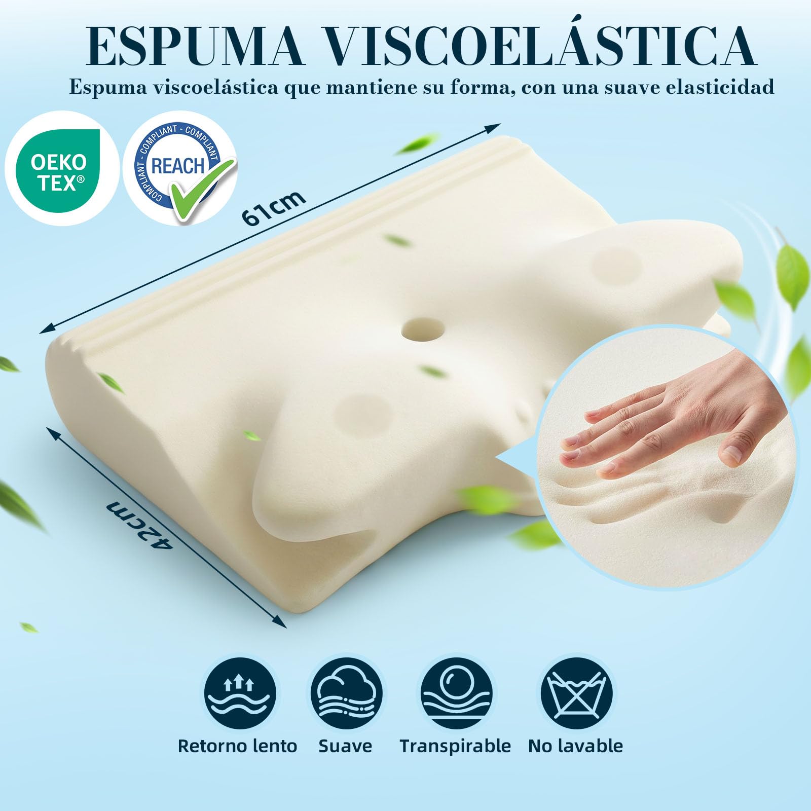 Almohada cervical ergonómica, espuma viscoelástica, color azul claro