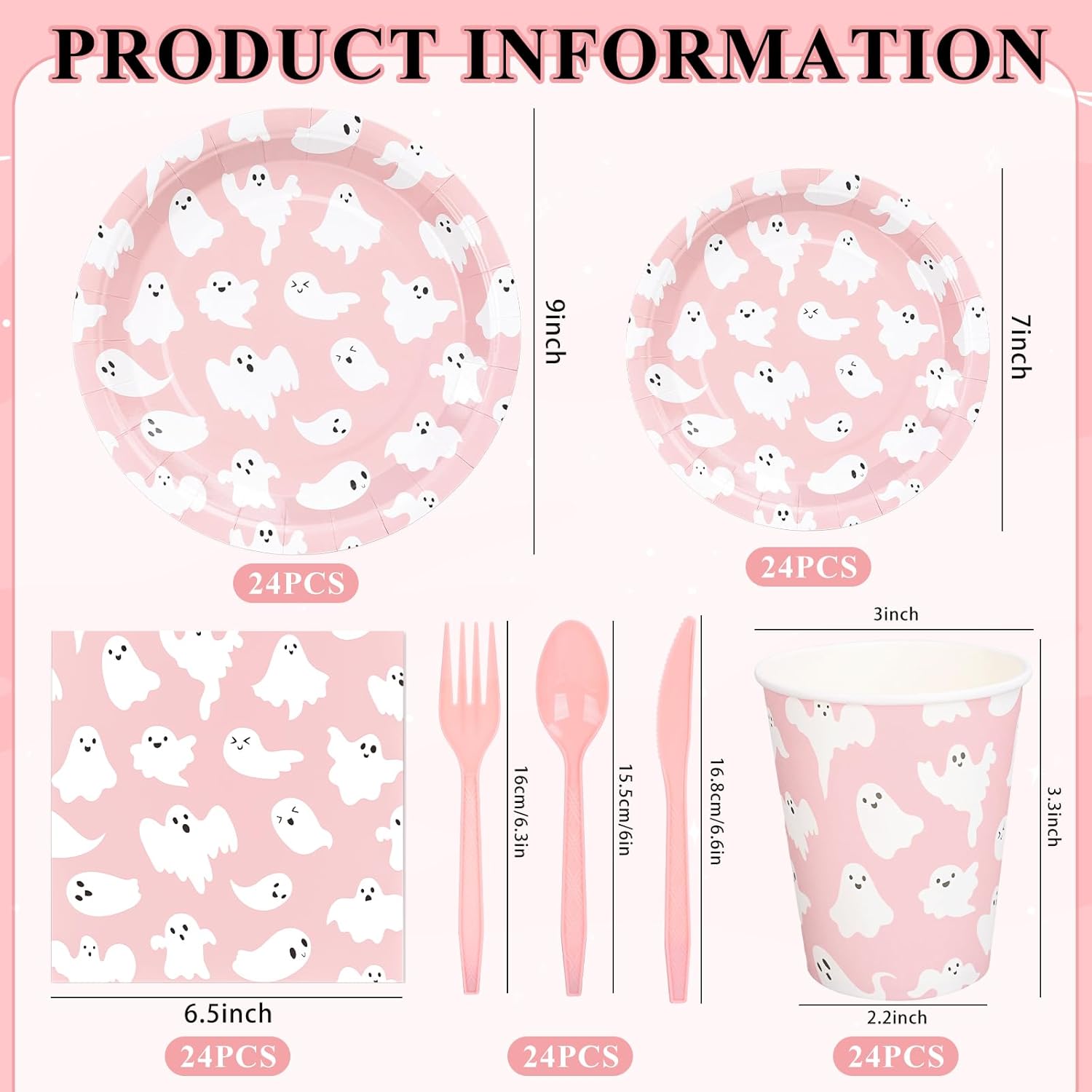 Whaline 168 Pcs Halloween Ghost Paper Tableware Set Pink Cute Ghost Boo Disposable Plates Napkins Cups and Cutlery for 24 Guest Birthday Baby Shower Trick or Treat Party Supplies