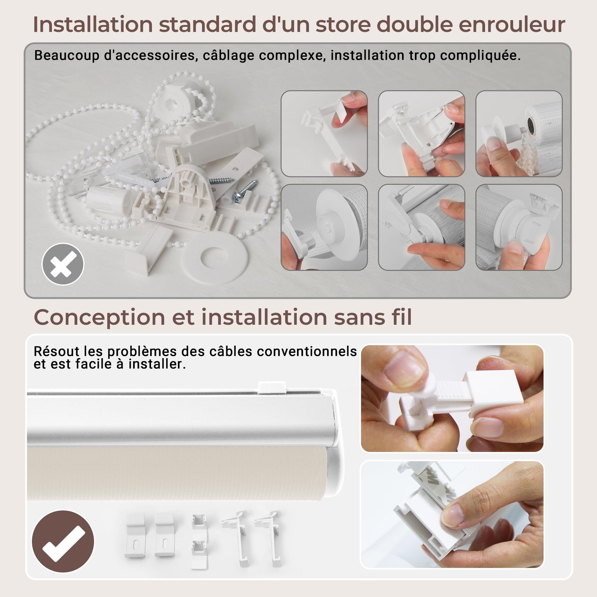 Allesin Store Enrouleur Jour Nuit sans Chaîne sans Perçage, Tirez-Arrêtez sans Rebond, Facile à Installer avec Clips pour Fenêtre ou Porte, 105l x 120L cm, Tissu 105 cm, Lin