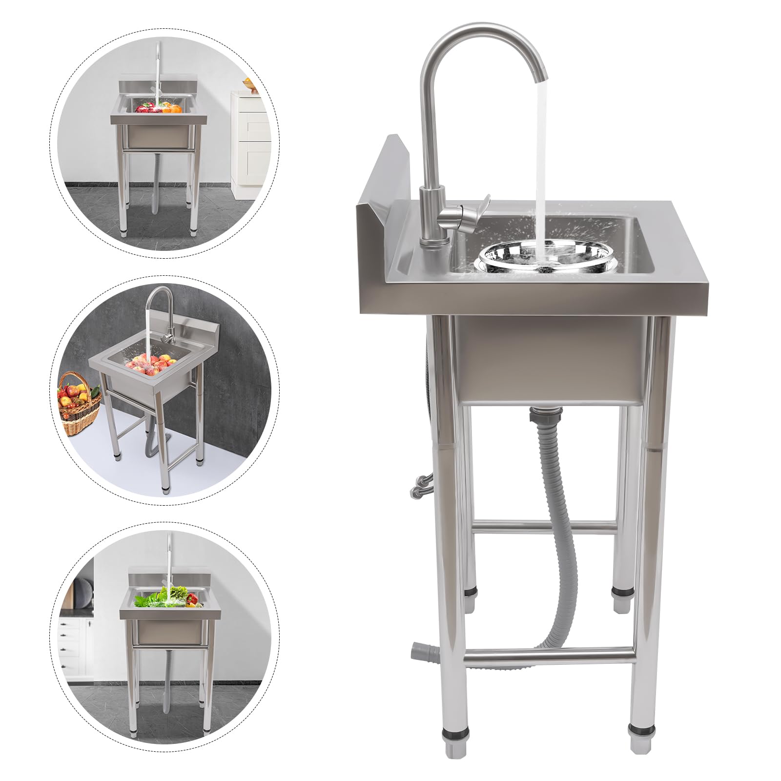 Spülbecken Edelstahl, Küche Spülbecken Organizer Edelstahl Arbeitstisch Küche mit Spüle und Armatur, Spülbecken Mobile für Außen Innen Garten Freistehend 90x50x50cm