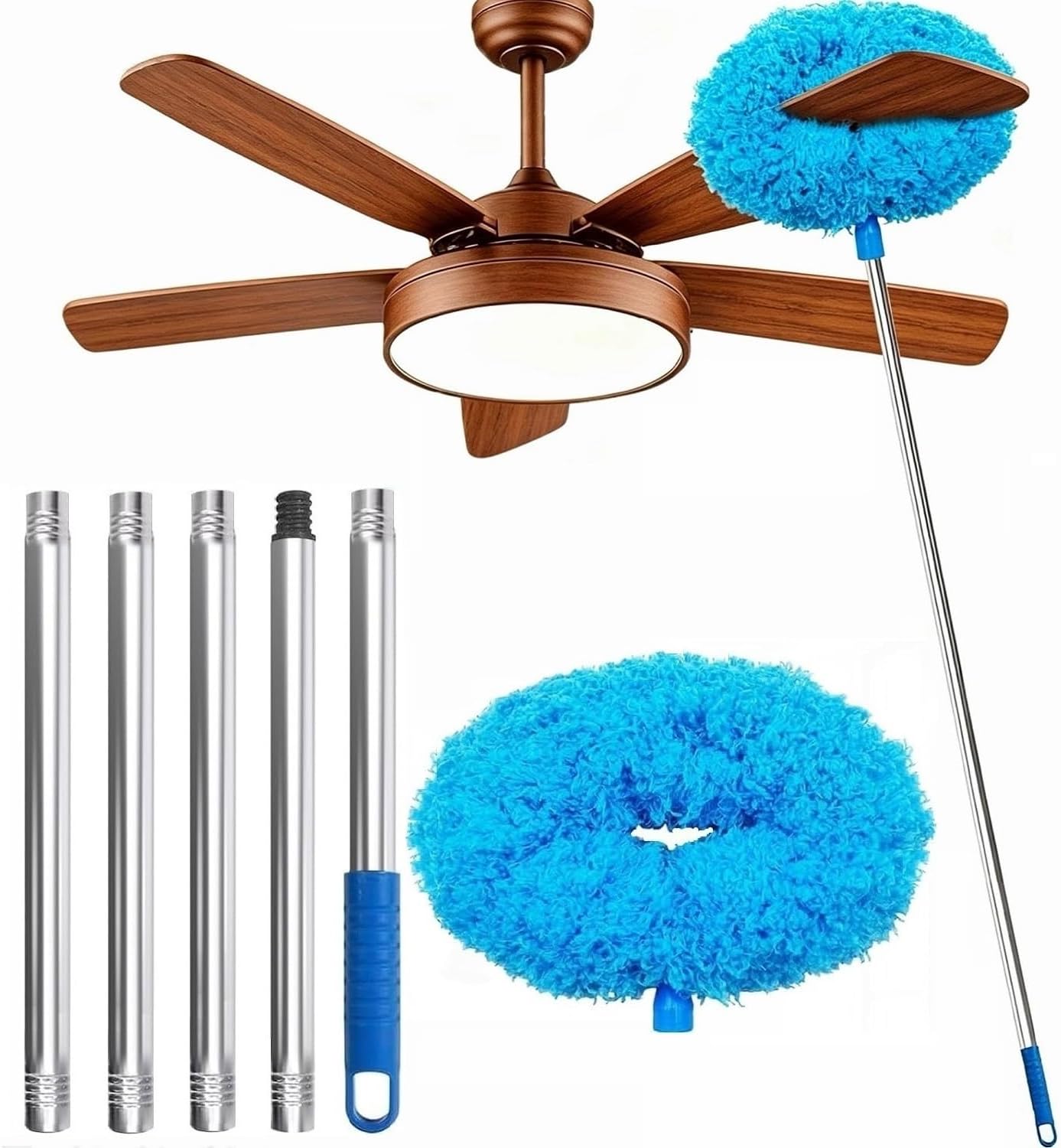 Ceiling Fan Cleaner Duster 64.15" Adjustable Washable Reusable Microfiber | Made of soft microfiber plush,this ceiling fan duster head picks up dust excellently and cleans fan blades Ladderless