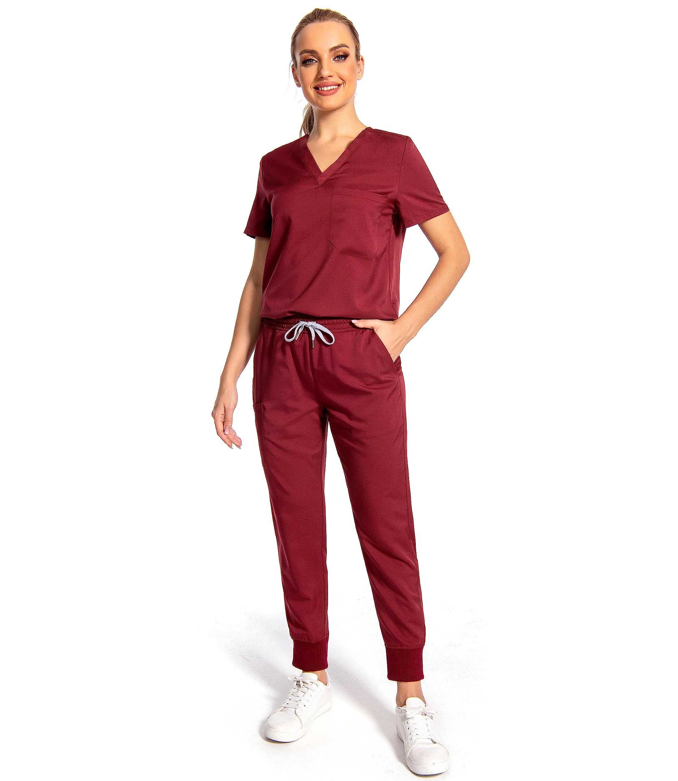 size L PuriPure Scrubs Set for Women Nurse Uniform Jogger Classic V-neck Scrub Top & Jogger Scrub Pants Athletic Scrub Set Workwear