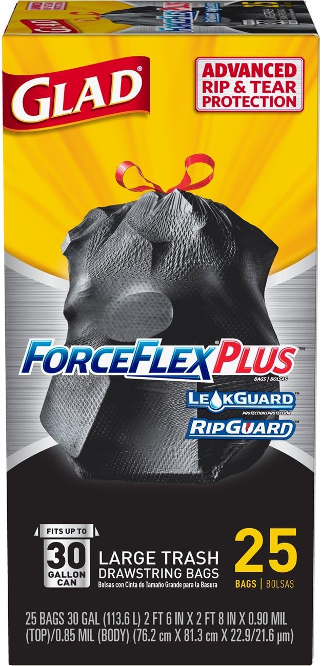 Glad Trash Bags, Large Drawstring Garbage Bags‚ ForceFlexPlus 30 Gallon Black Trash Bag - 25 Count Each (Pack of 6)