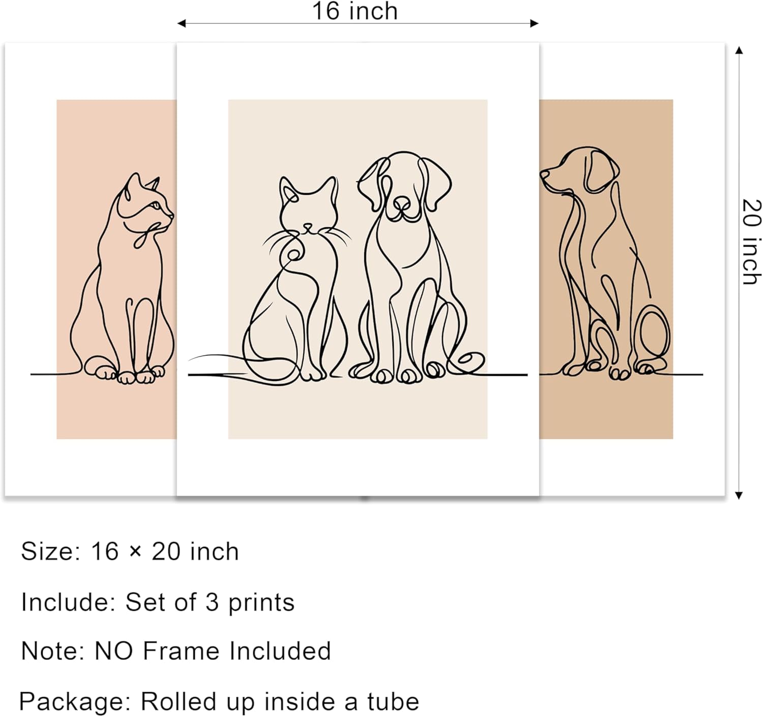 Celercrownv Line Art, Dog & Cat Painting Canvas, Set of 3, Minimalist Pet Wall Art, Animal Wall decor for Living Room, Bedroom, Bathroom, Unframed (16 × 20)