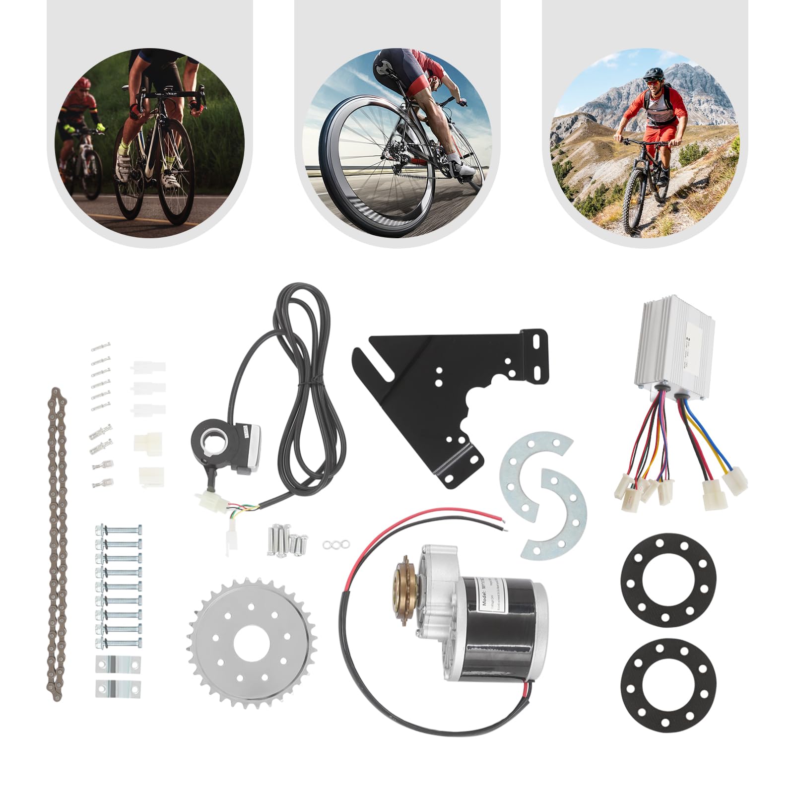 Kit de conversion de vélo électrique 350 W 24 V avec gaz à pouce, kit de conversion de vélo électrique avec entraînement à chaîne et réglage de la vitesse en continu, moteur à balais en cuivre pur
