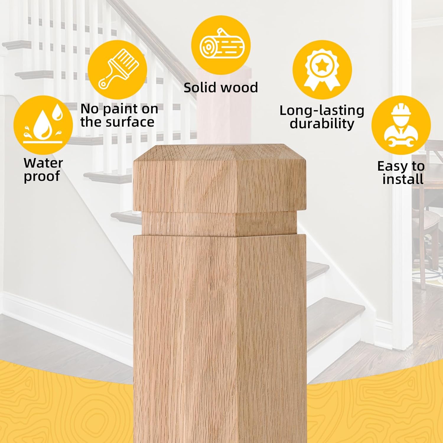 Newel Post, 3.75" x 47.3" Solid Red Oak Stair, Stair Railing Indoor with a Single Groove Notched, Plain Style Stair Balusters, Strong Wood Balusters for Home & Commercial Stairs Remodeling