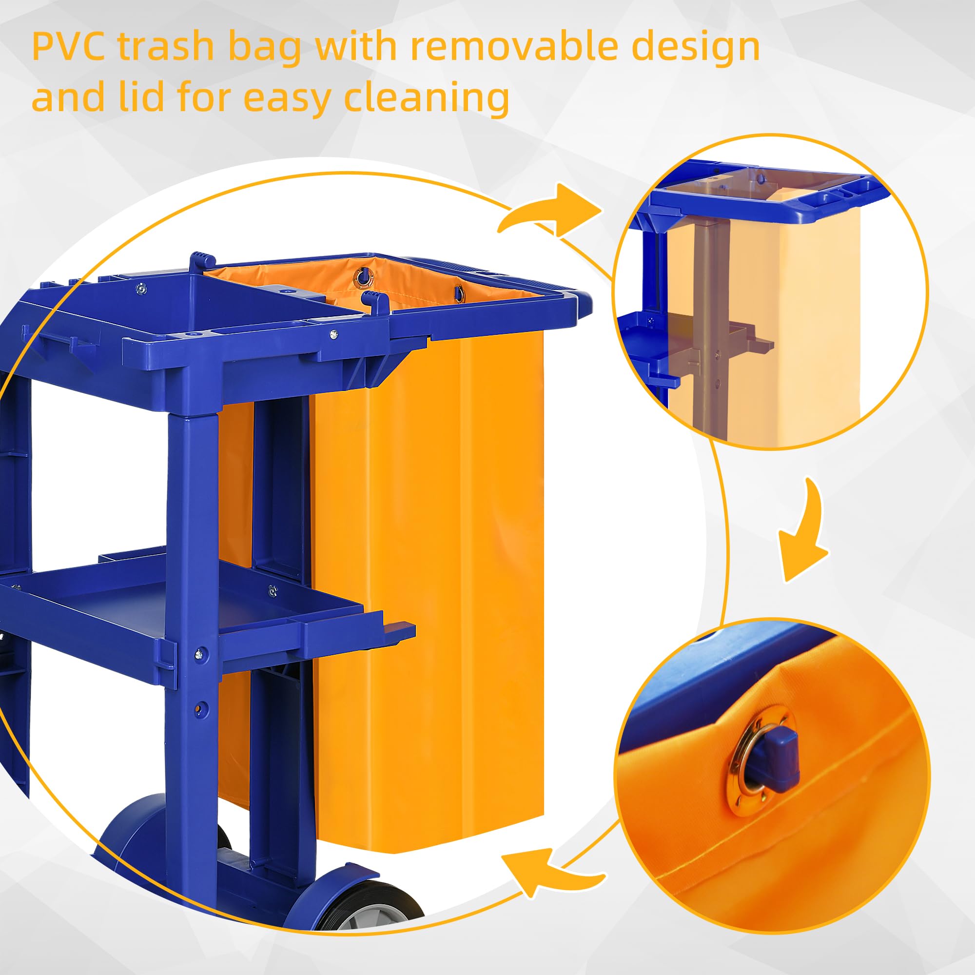 HOMCOM Chariot de nettoyage professionnel avec 3 étagères avec crochets pour balai et sac de 100L, Chariot à roulettes en plastique polyvalent pour l'hôtel, l'hôtellerie et la restauration,