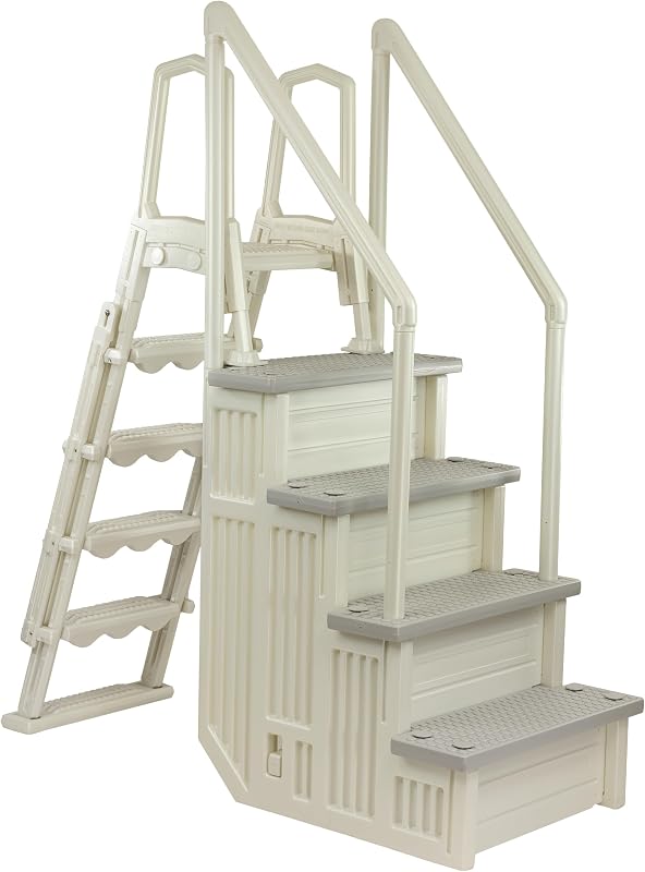 Anti-Slip in-Pool Steps with Outside Flip-Up Ladder | Pearl White w/Cloud Gray Steps | for Above Ground Swimming Pools | Mounts to Decks 48" to 54" H | Safety Stairs Capacity Up to 350 lbs