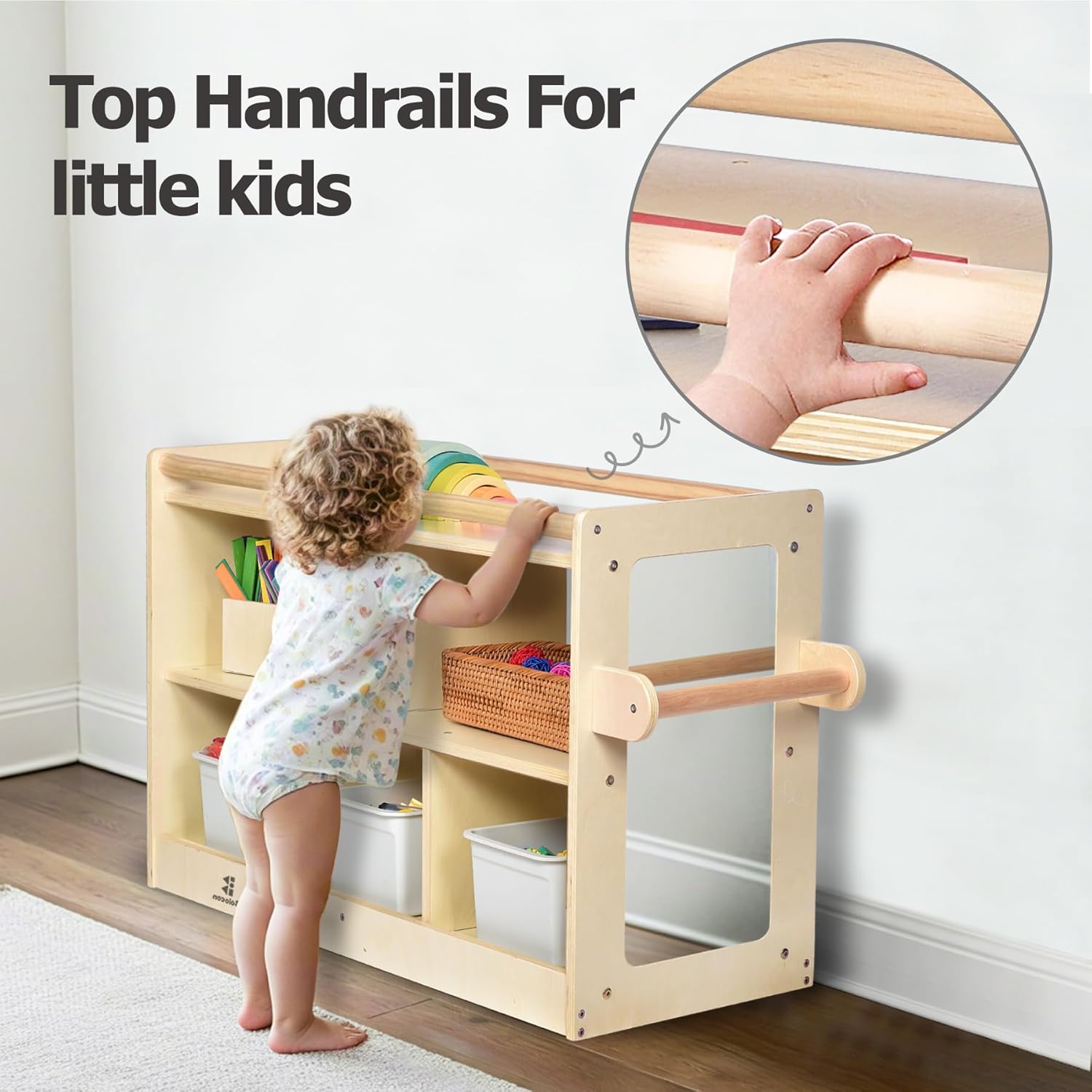 Toddler Montessori Toy Storage Cabinet w/Side Vertical Mirror, 5-Compartment Baby & Preschool Cubbies w/ 2 Top Sided Handrails, Little Kids Play & Learn Furniture for Home, Classroom