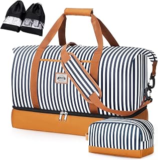 Lekebobor Travel Duffle Bag, Women Sports Gym Duffel Bag with Shoe Compartment and Toiletry Bag, Foldable Holdall Bag Waterproof Weekender Overnight Carry On Weekend Bag, Canvas, Striped, 50L