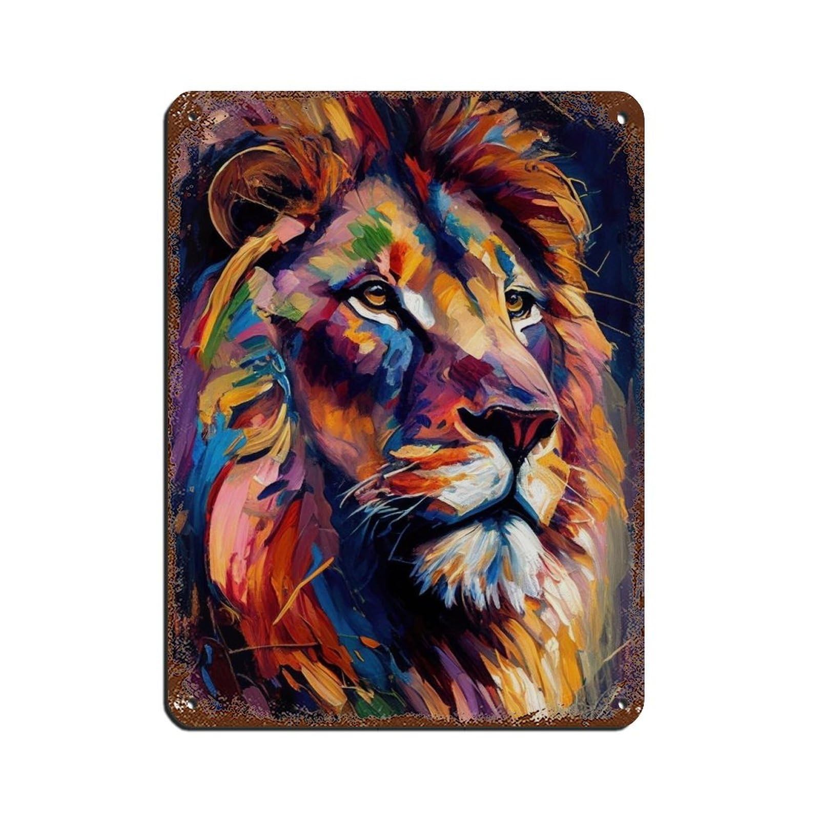 Lion Oil Painting Poster Tin Sign Vintage Metal Pub Club Cafe Bar Home Wall Art Decoration Poster Retro 12x16inch(30x40cm)