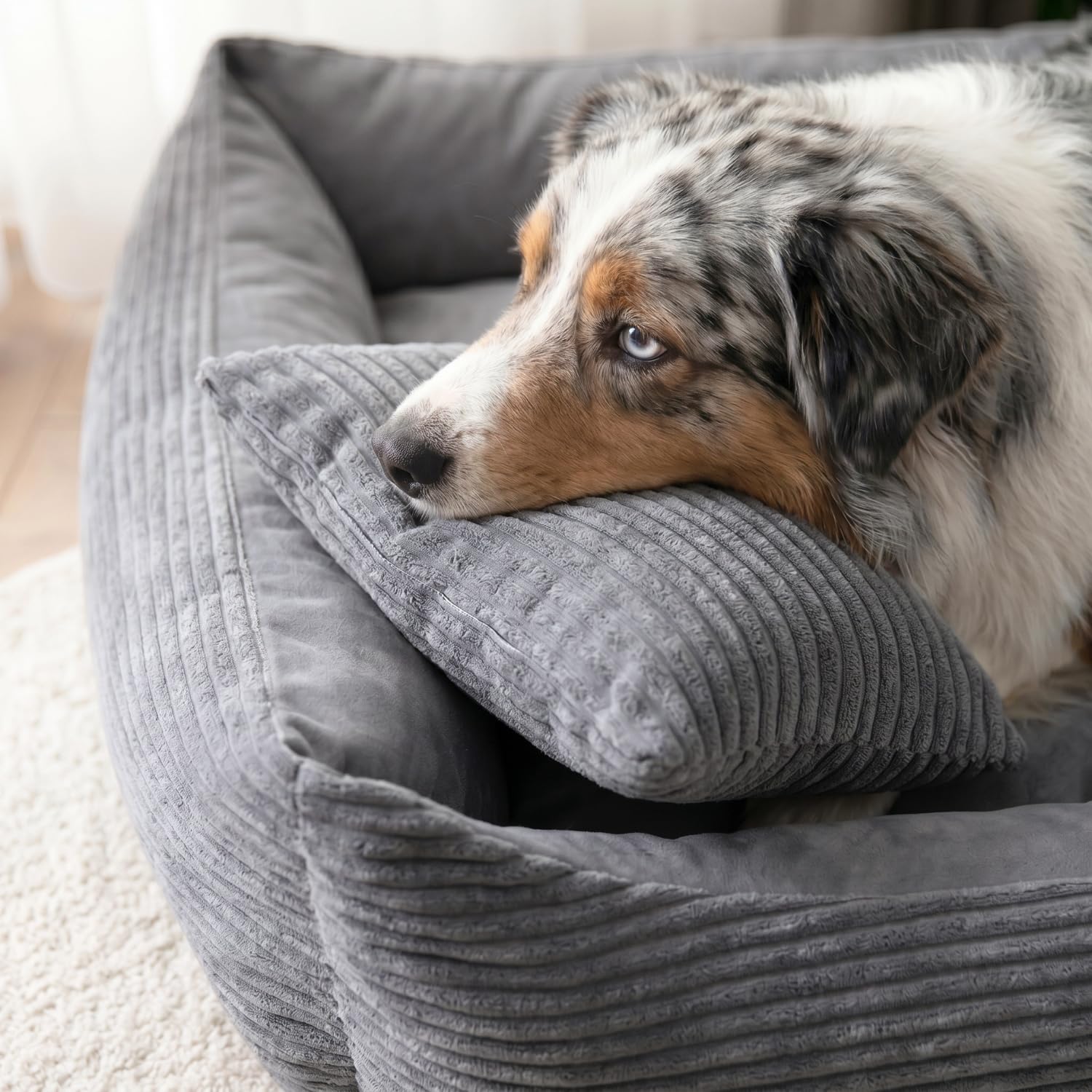 4L Textil Molly Cuccia per Cani in Velluto a Coste - Letto Grigio Taglia Grande - Cuscino Divano (100x80 cm) | Con fodera e cerniera, lavabile in lavatrice