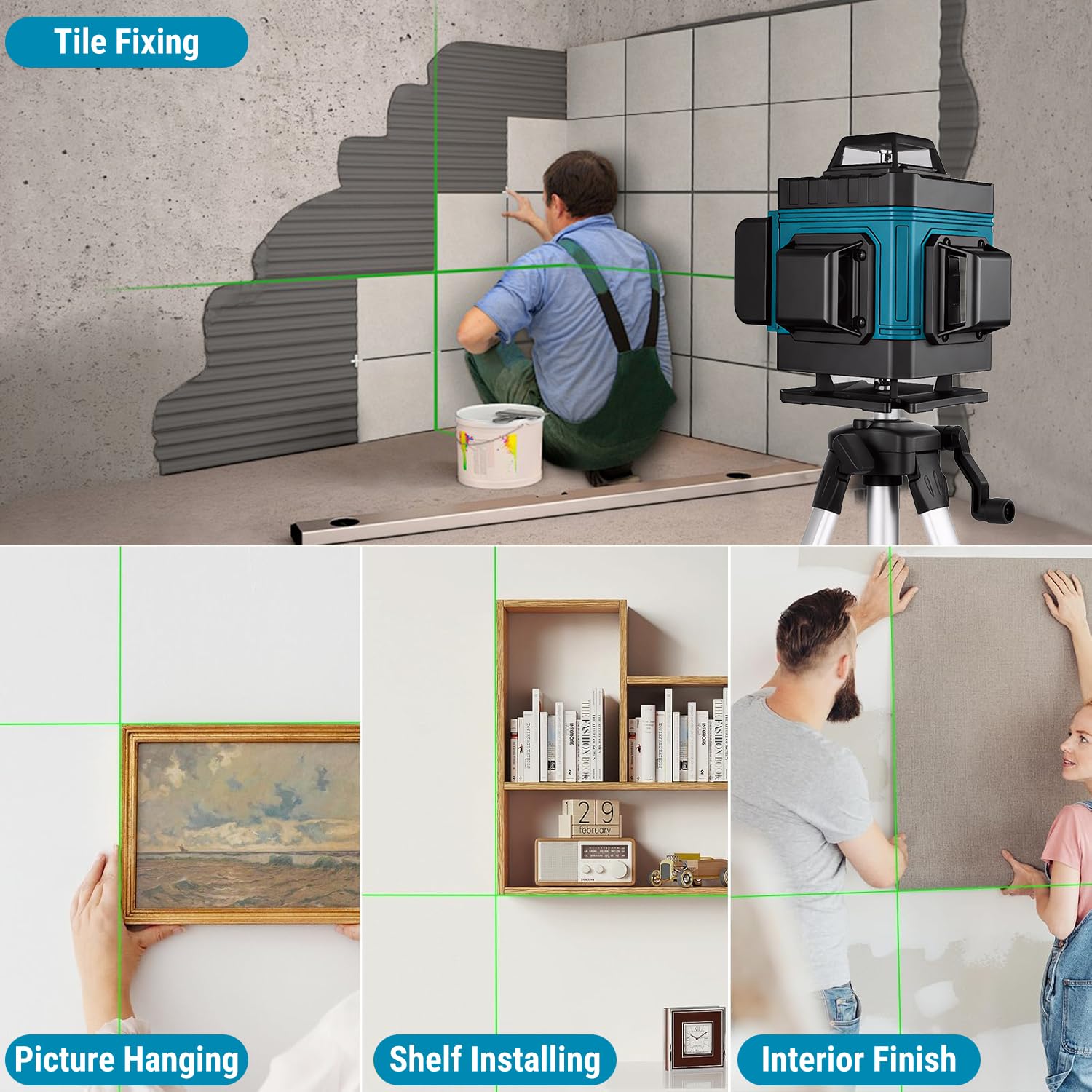 VOBOR Nivel Laser con Tripode, 4D Nivel Láser Autonivelante 360° con 2x4800mAh Batería, IP54, Control Remoto, 16 Líneas Laser Verde para Obras,Interiores