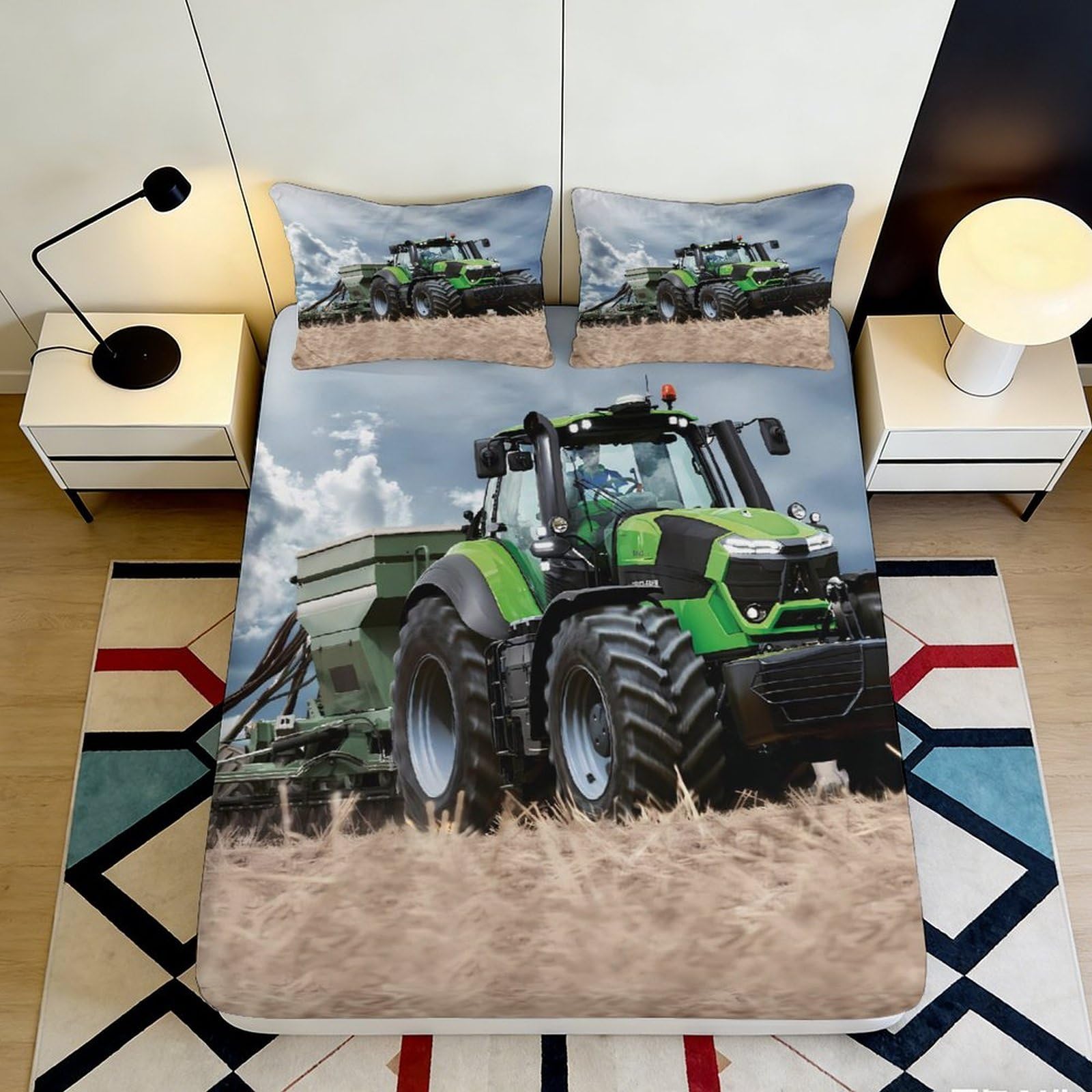 3D Printed Green Tractor Fitted Sheet Microfiber Durable Breathable Farm Field Bed Cover for Bedroom Dormitory Guest Room Mattress Protection 90x200x25cm