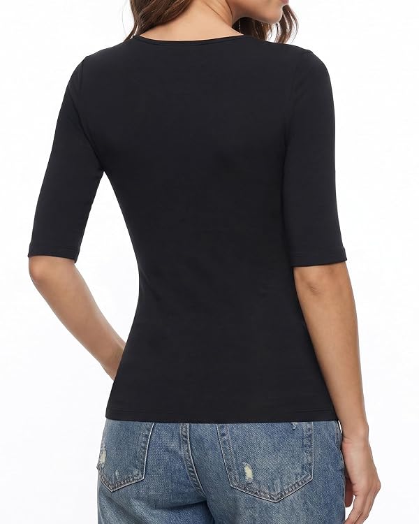 MANGOPOP Half Sleeve Tops for Women Sexy Deep V Neck Elbow Length Fitted Casual Going Out T Shirt Tops 2026 Trendy Black by MANGOPOP - Used condition - Image 4