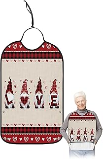 BOBOWUNY Valentines Gnomes Adult Bibs for Elder Women Men Eating, Red Black Checkered Love Heart Waterproof & Washable Bibs for Eating Clothing Protector Dining Bibs for Crumb Catcher