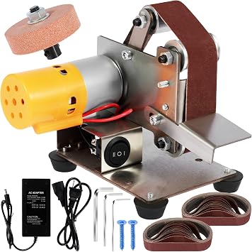 Electric Belt Sander Polishing-Grinding Sharpener, 7-Speed Adjustable DIY Power Sanding Machine, Mini Bench Belt Grinder with 10 Sanding Belt for Knife Making Woodworking Metal Cutter Edges