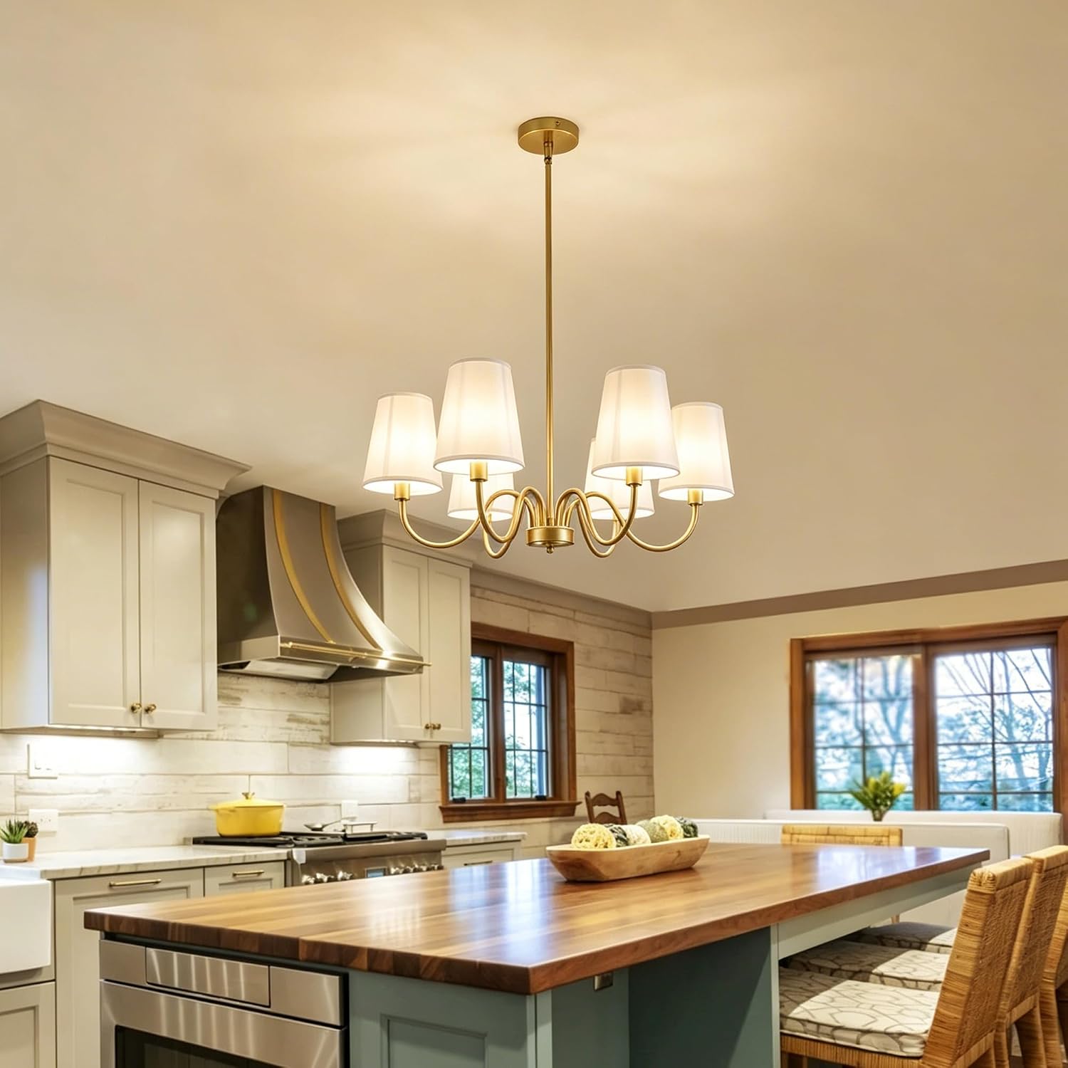 6-Light Gold Chandelier, 27.5" Farmhouse Modern Lights Fixture with White Fabric Shade for Dining Room, Kitchen, Bedroom
